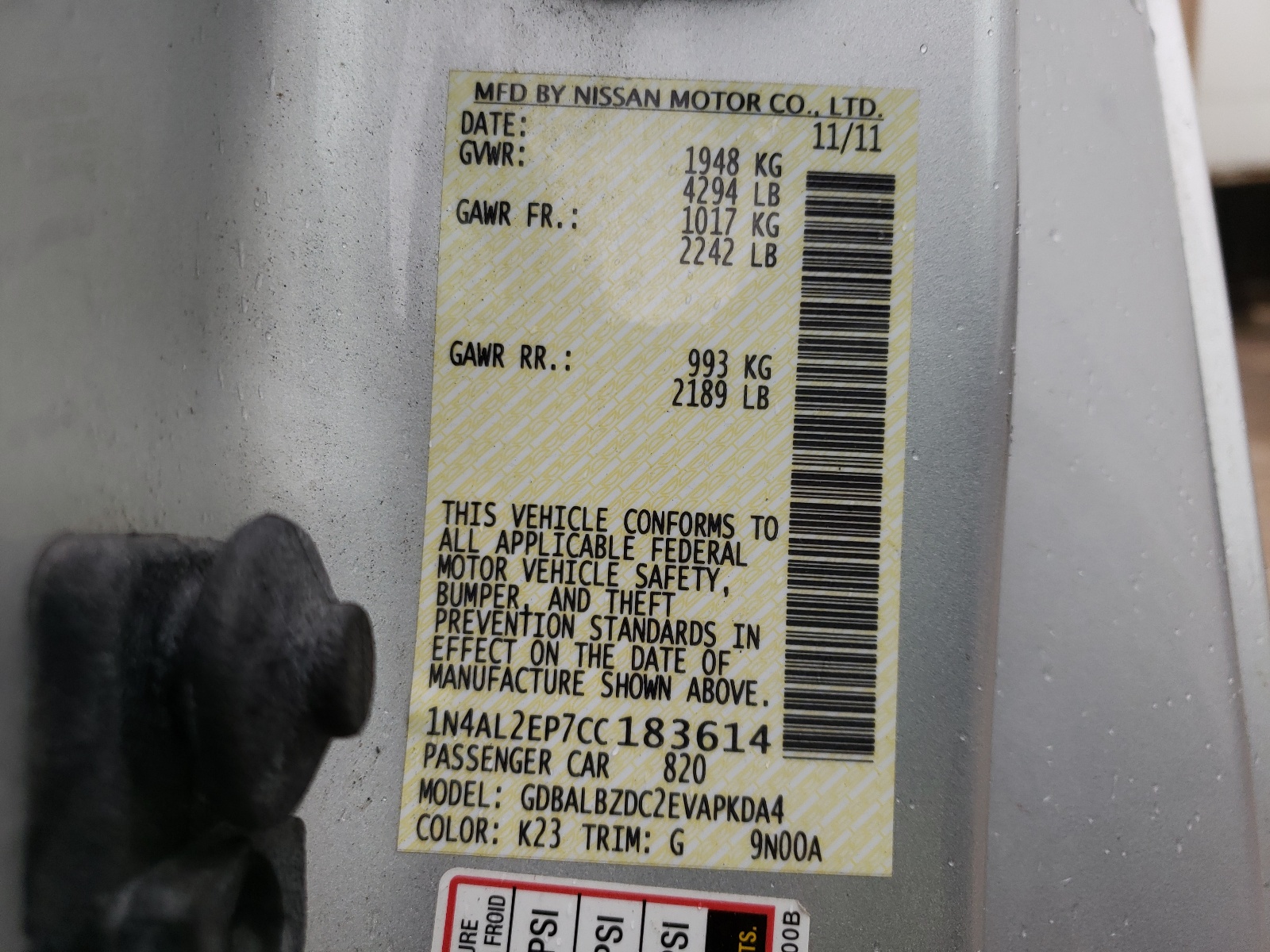 Photo 10 from auction – 2012 NISSAN ALTIMA S with VIN 1N4AL2EP7CC183614