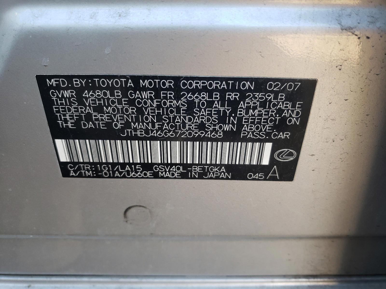 Photo 10 from auction – 2007 LEXUS ES 350 with VIN JTHBJ46G672099468