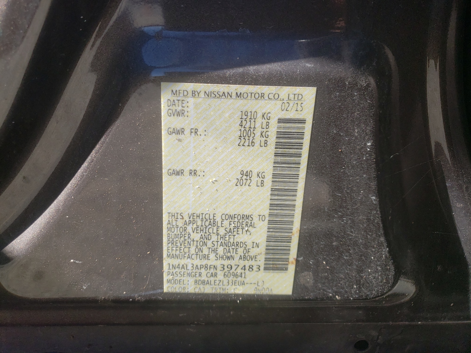 Photo 10 from auction – 2015 NISSAN ALTIMA 2.5 with VIN 1N4AL3AP8FN397483