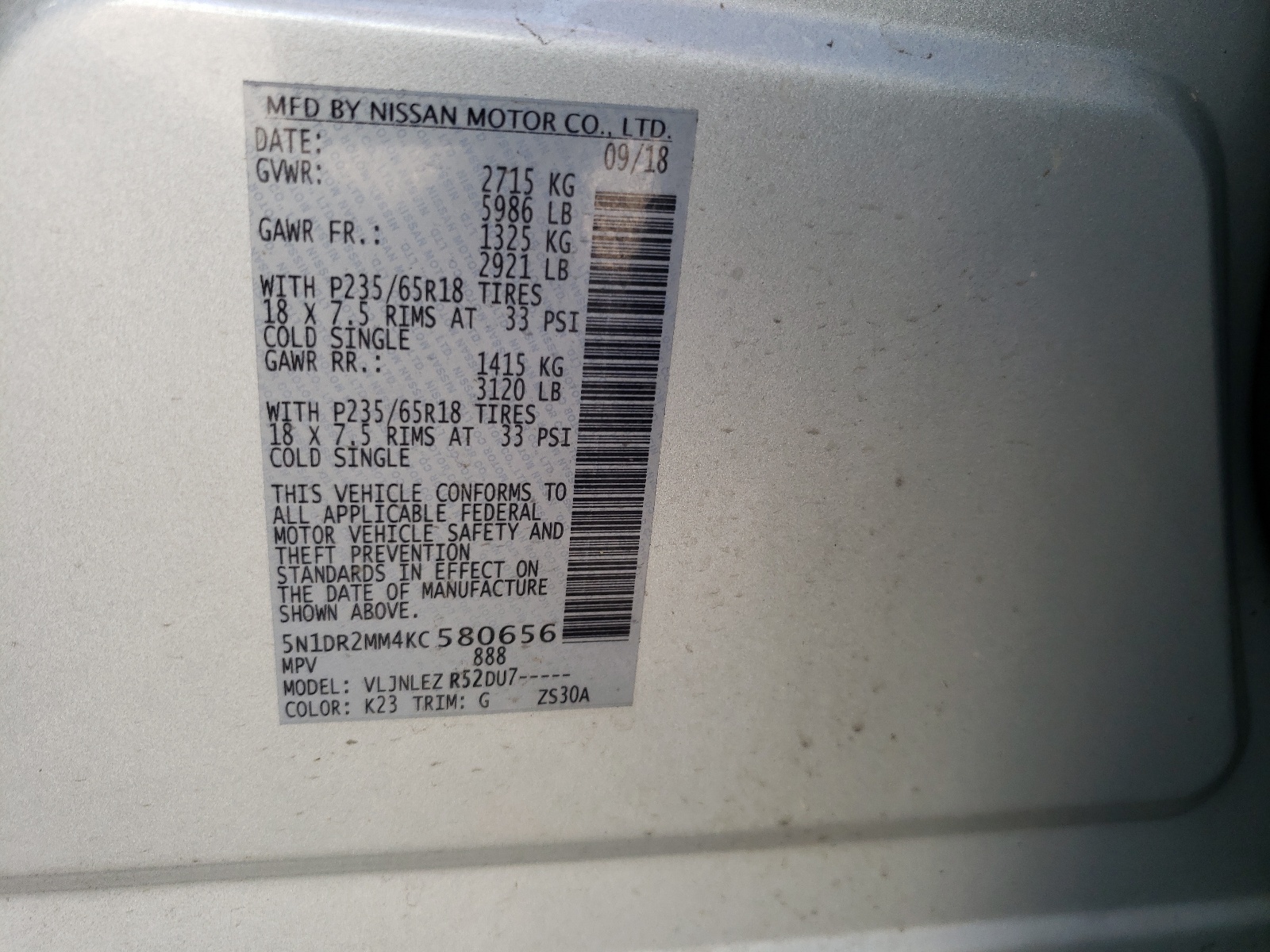 Photo 10 from auction – 2019 NISSAN PATHFINDER with VIN 5N1DR2MM4KC580656