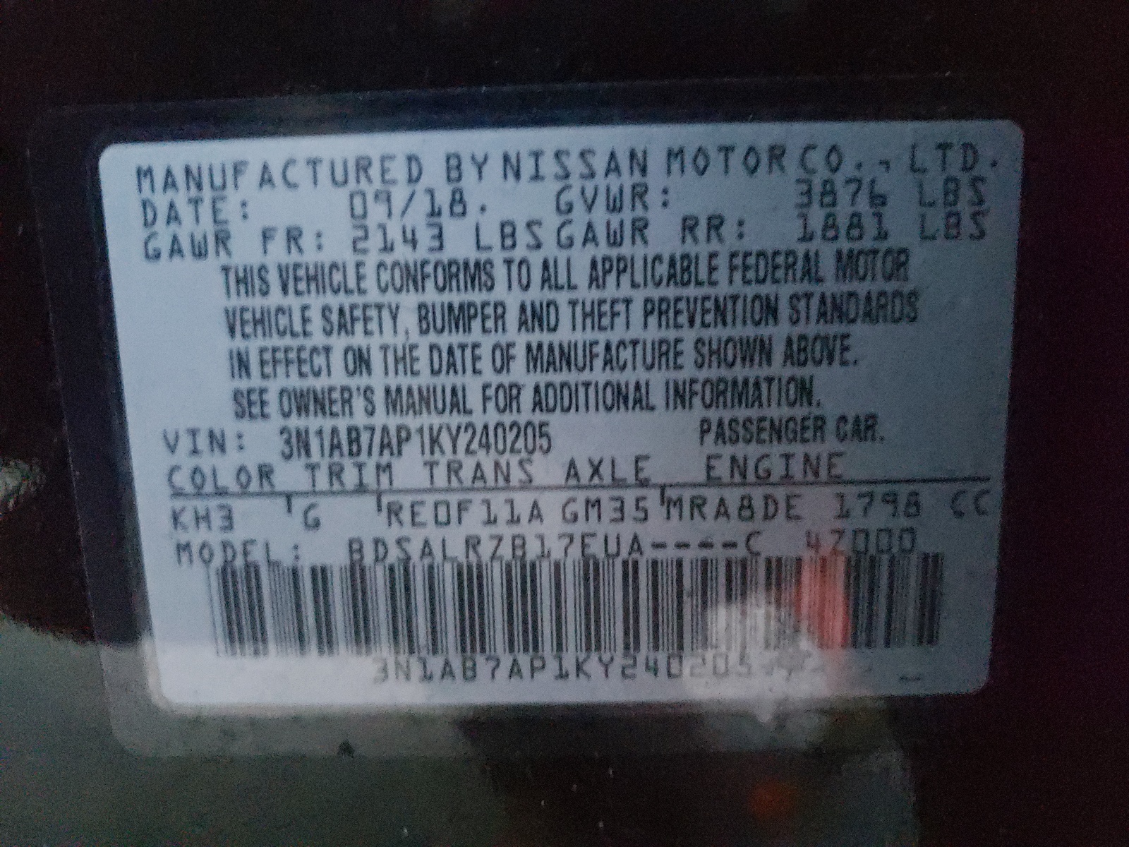 Photo 10 from auction – 2019 NISSAN SENTRA S with VIN 3N1AB7AP1KY240205