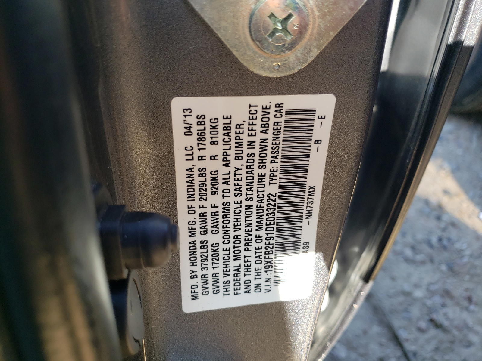 Photo 10 from auction – 2013 HONDA CIVIC EXL with VIN 19XFB2F91DE033222