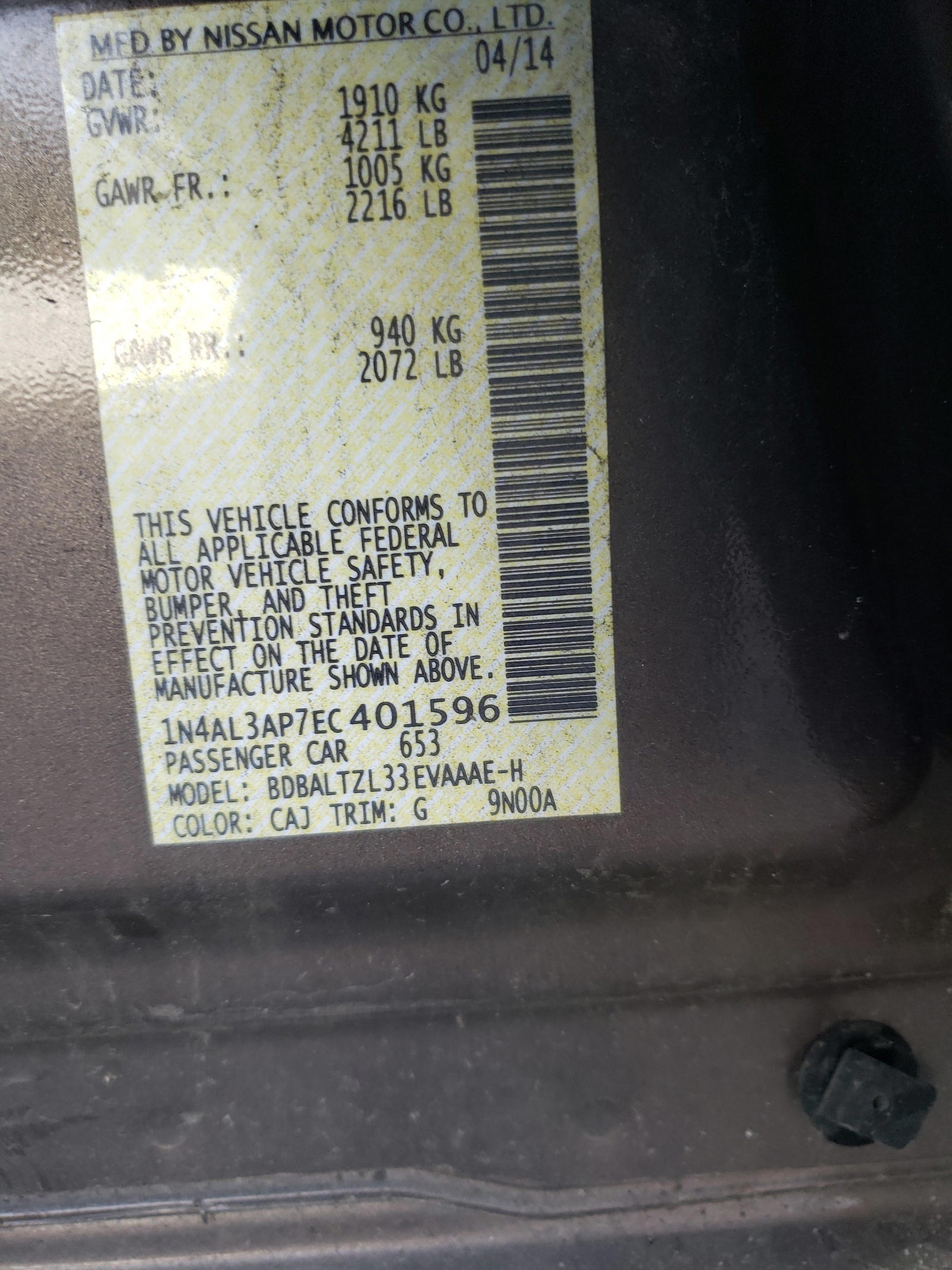 Photo 10 from auction – 2014 NISSAN ALTIMA 2.5 with VIN 1N4AL3AP7EC401596