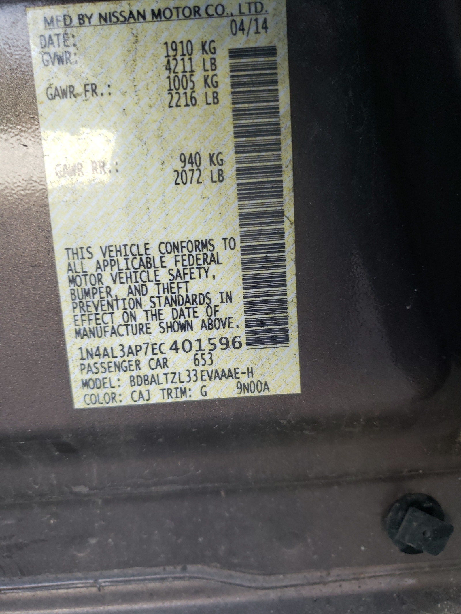 Zdjęcie 10 z aukcji – 2014 NISSAN ALTIMA 2.5 z VIN 1N4AL3AP7EC401596
