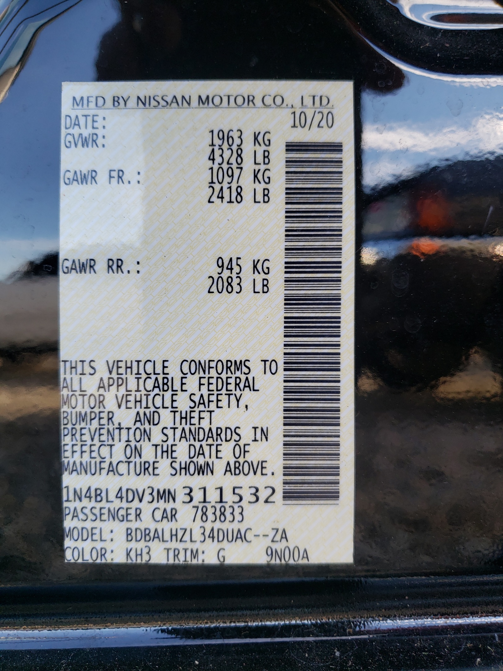 Photo 10 from auction – 2021 NISSAN ALTIMA SV with VIN 1N4BL4DV3MN311532