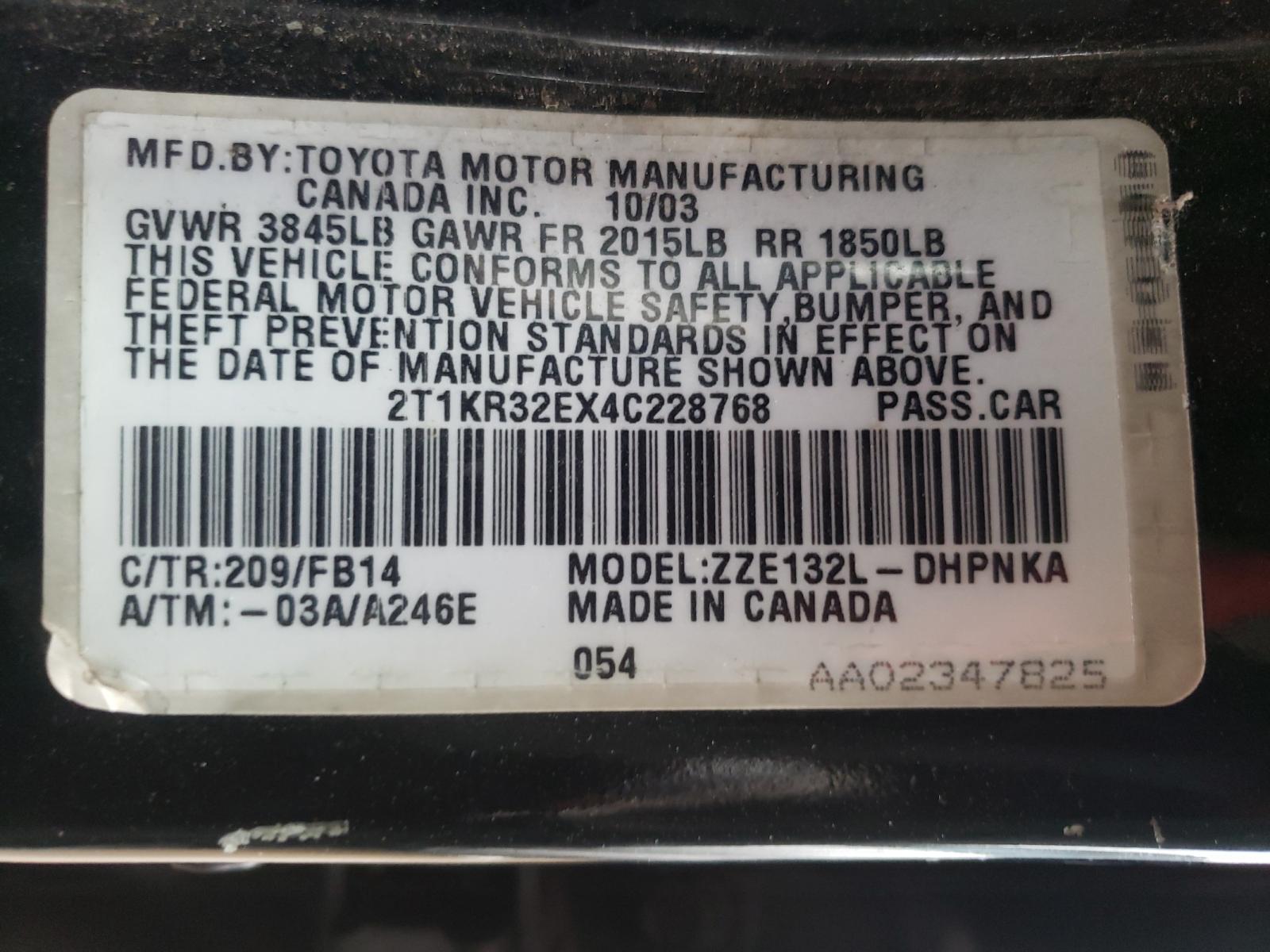 Photo 10 from auction – 2004 TOYOTA COROLLA MA with VIN 2T1KR32EX4C228768