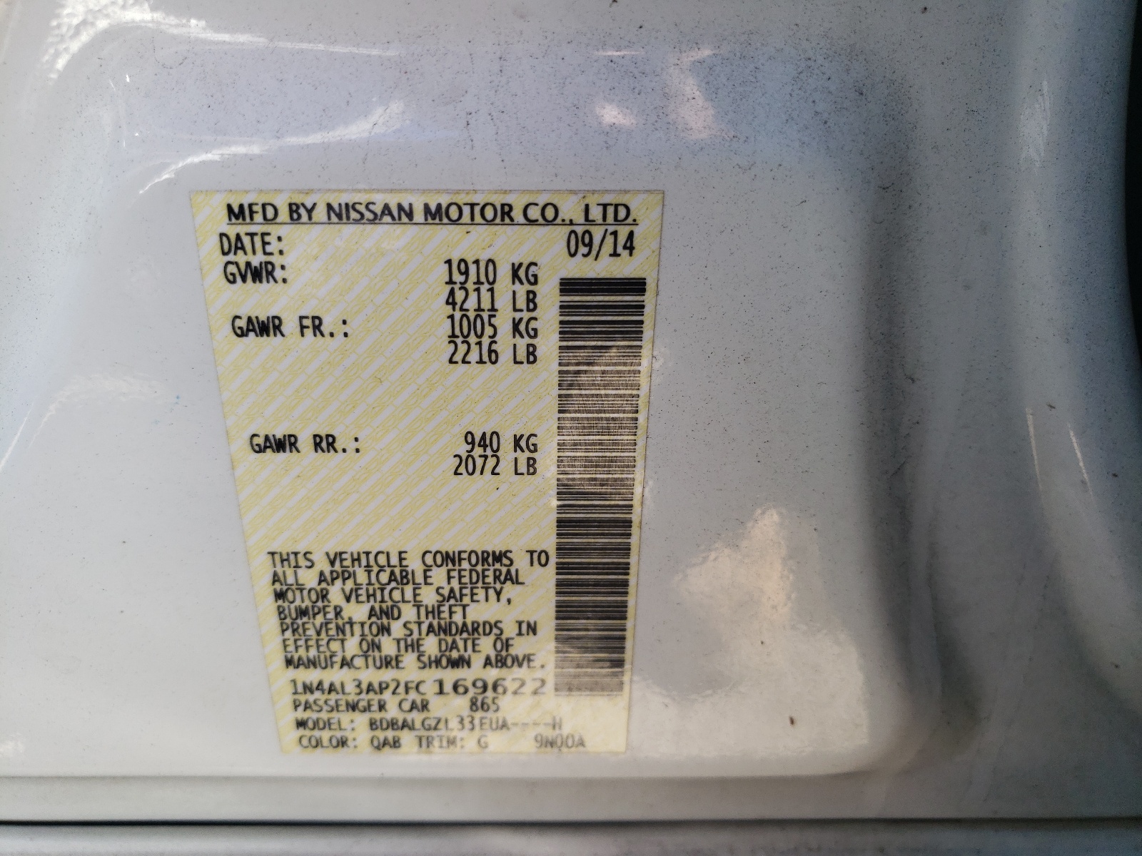 Photo 10 from auction – 2015 NISSAN ALTIMA 2.5 with VIN 1N4AL3AP2FC169622