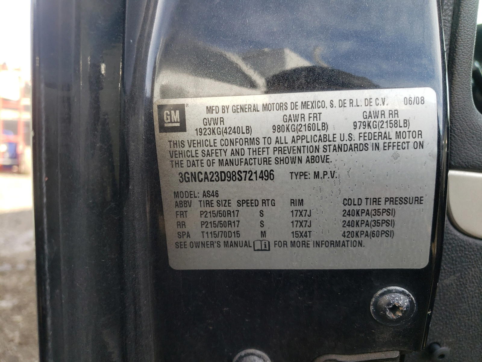 Photo 10 from auction – 2008 CHEVROLET HHR LT with VIN 3GNCA23D98S721496