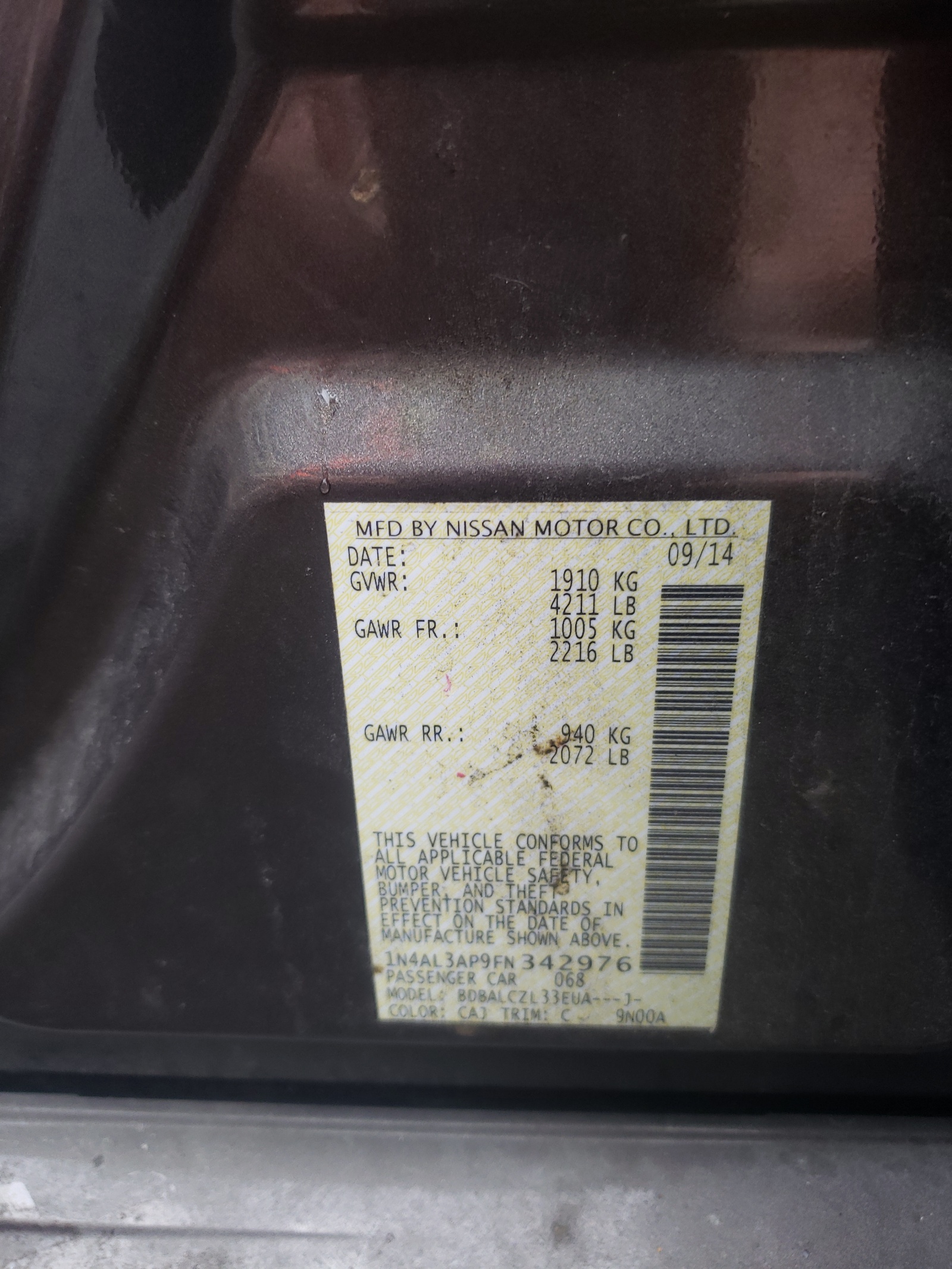 Photo 10 from auction – 2015 NISSAN ALTIMA 2.5 with VIN 1N4AL3AP9FN342976
