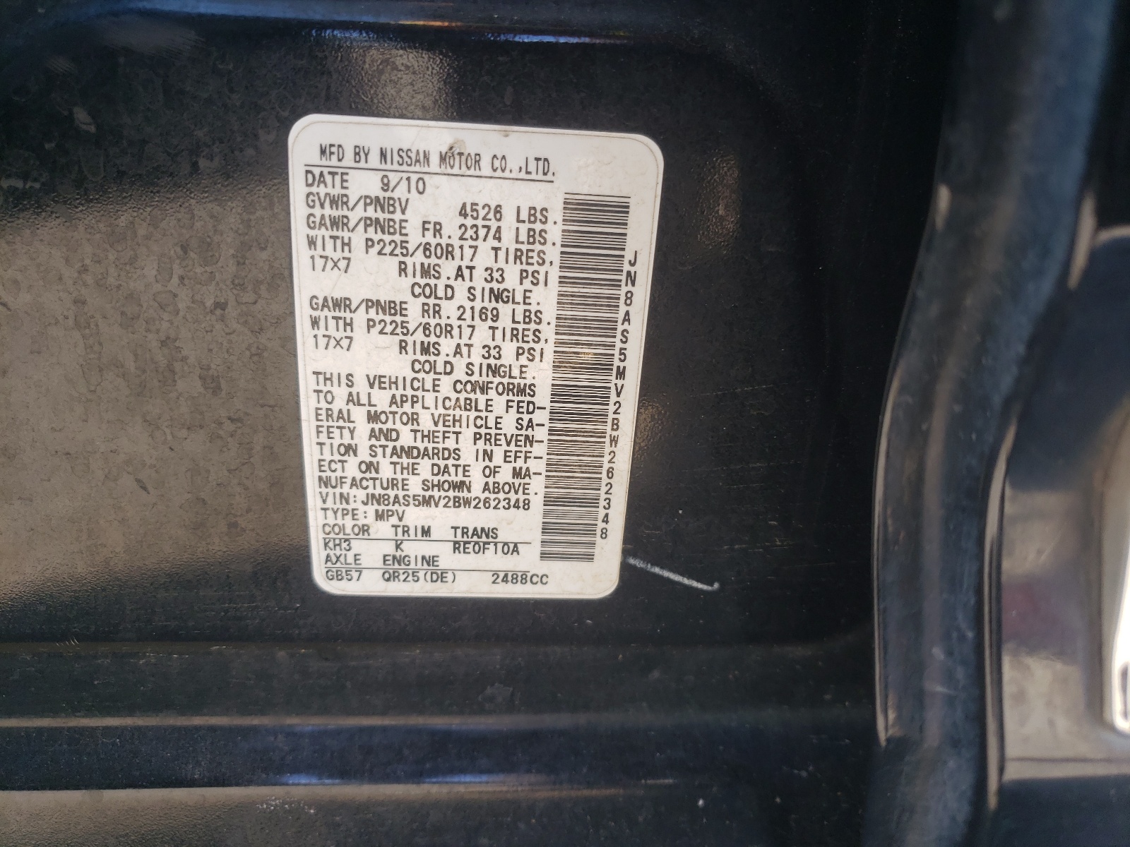 Photo 10 from auction – 2011 NISSAN ROGUE S with VIN JN8AS5MV2BW262348