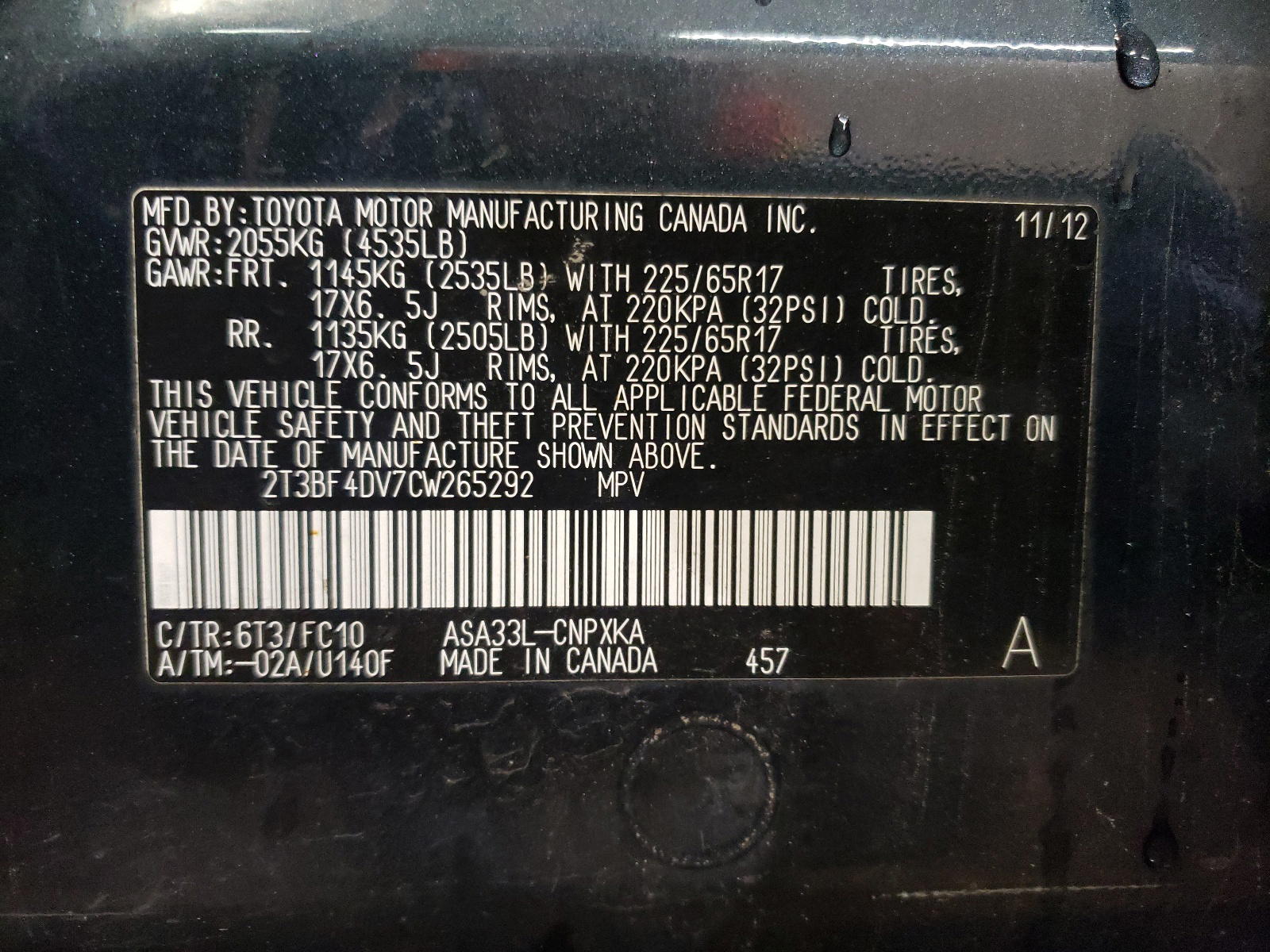 Photo 10 from auction – 2012 TOYOTA RAV4 with VIN 2T3BF4DV7CW265292