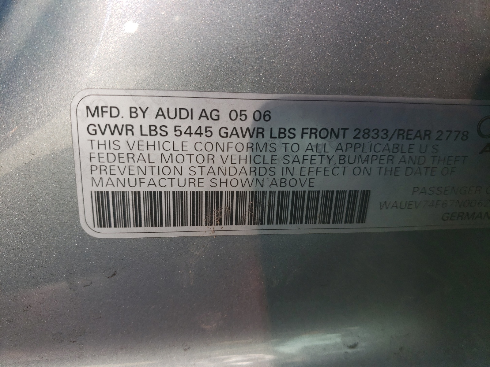 Photo 10 from auction – 2007 AUDI A6 S-LINE with VIN WAUEV74F67N006264