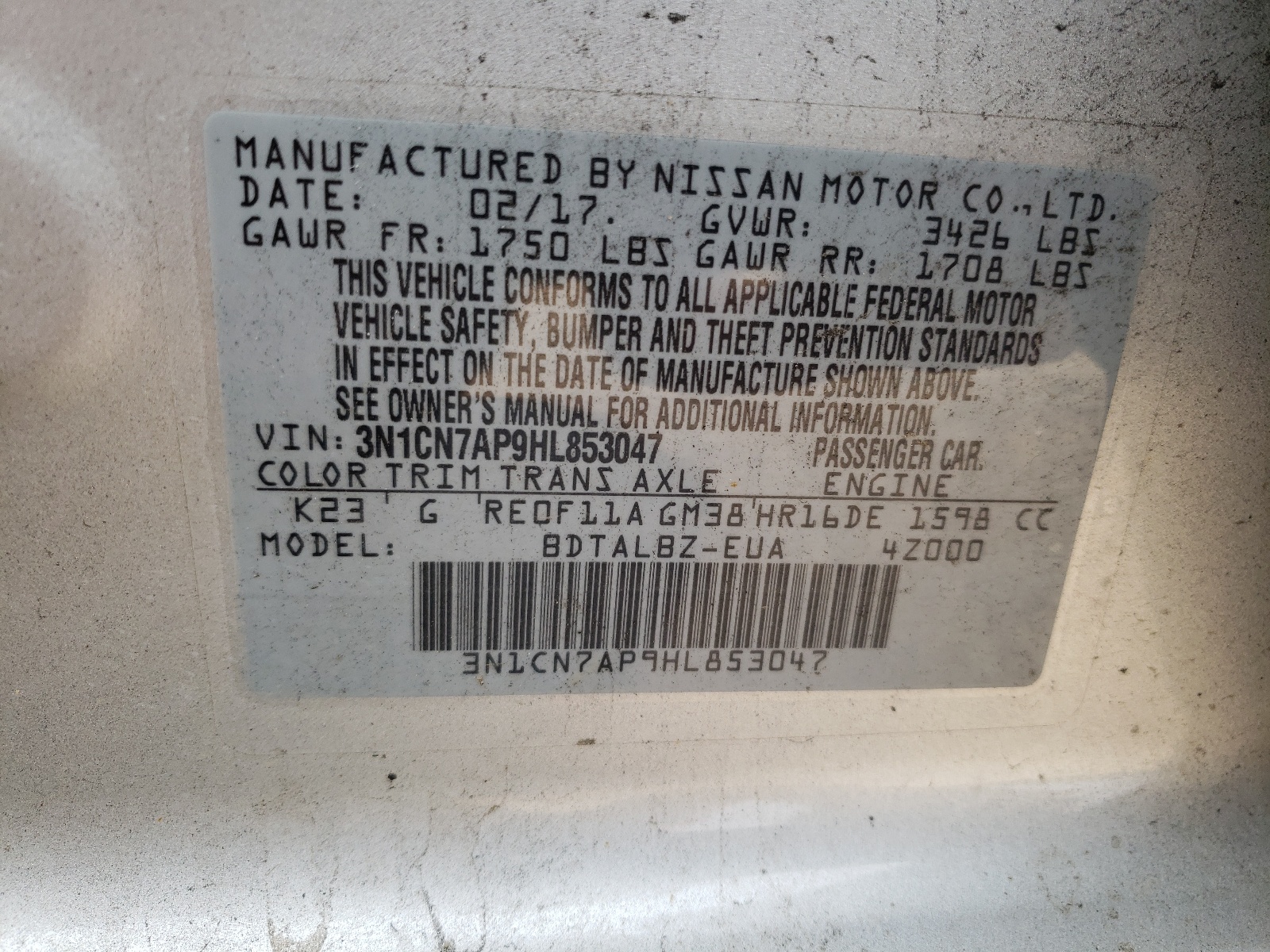 Photo 10 from auction – 2017 NISSAN VERSA S with VIN 3N1CN7AP9HL853047