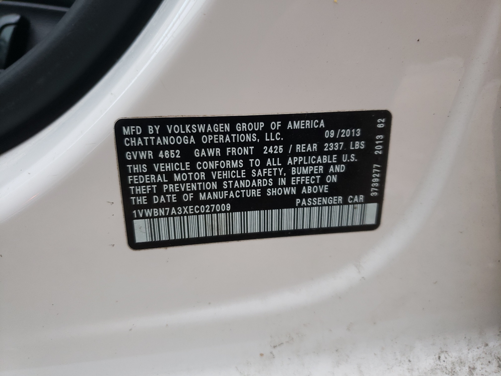 Photo 10 from auction – 2014 VOLKSWAGEN PASSAT SE with VIN 1VWBN7A3XEC027009