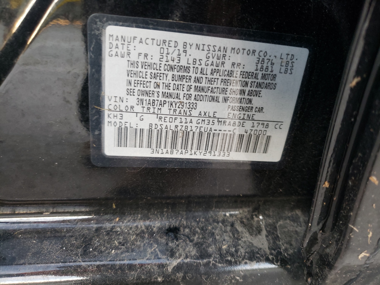 Photo 10 from auction – 2019 NISSAN SENTRA S with VIN 3N1AB7AP1KY291333