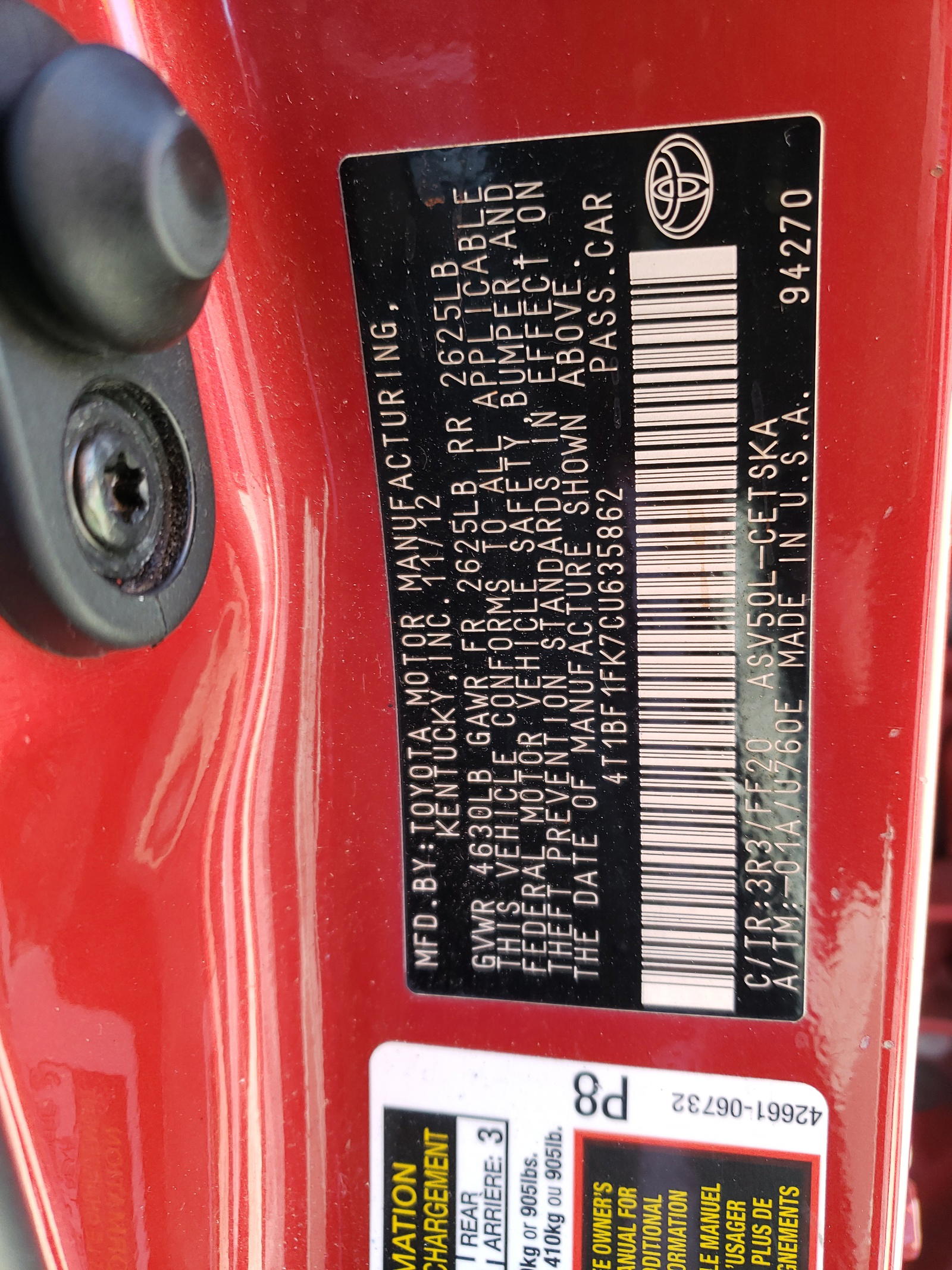 Photo 10 from auction – 2012 TOYOTA CAMRY BASE with VIN 4T1BF1FK7CU635862