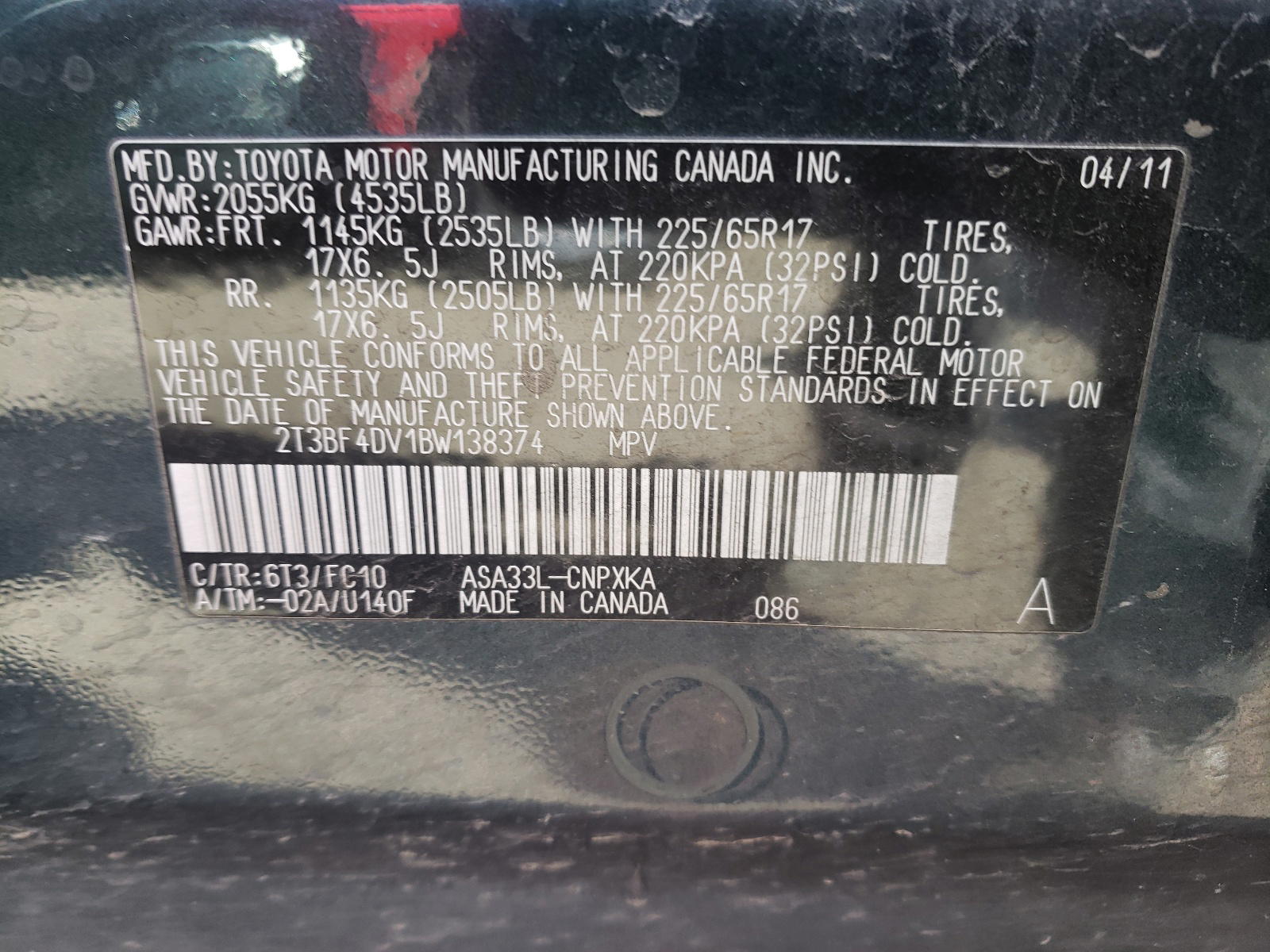 Photo 10 from auction – 2011 TOYOTA RAV4 with VIN 2T3BF4DV1BW138374