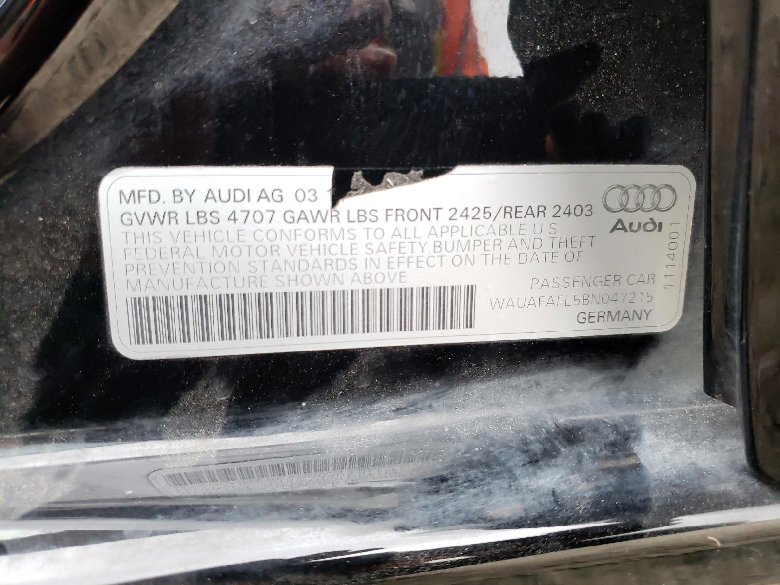 Photo 10 from auction – 2011 AUDI A4 PREMIUM with VIN WAUAFAFL5BN047215