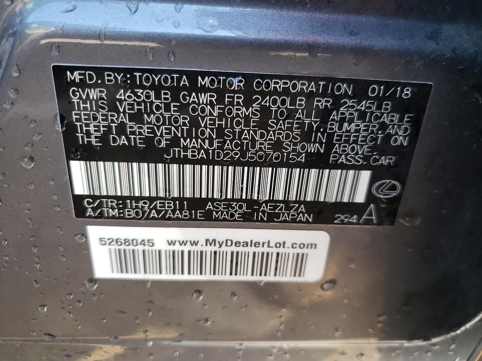 Photo 10 from auction – 2018 LEXUS IS 300 with VIN JTHBA1D29J5070154