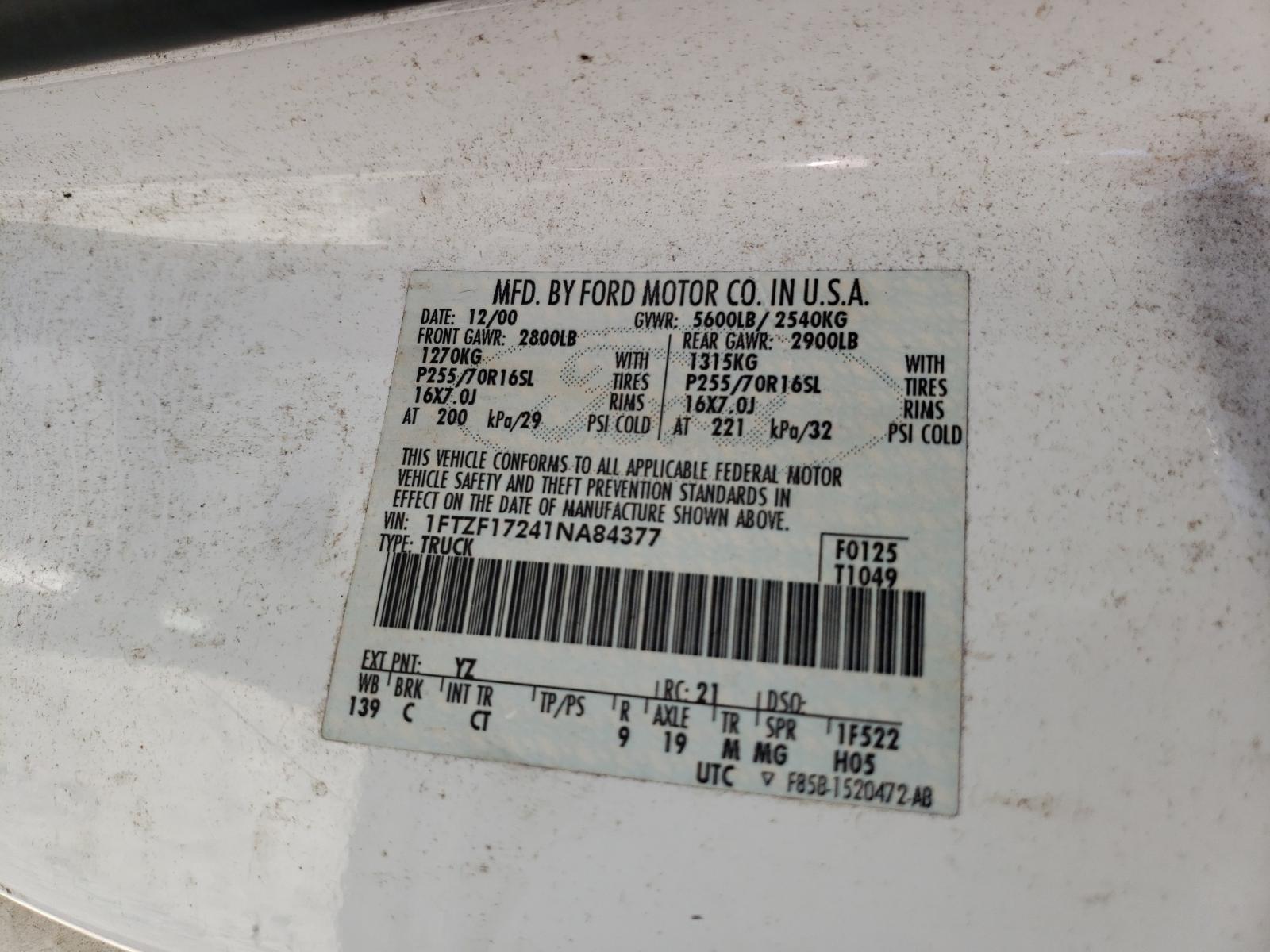 Photo 10 from auction – 2001 FORD F150 with VIN 1FTZF17241NA84377