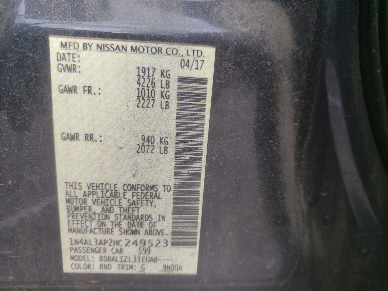 Photo 10 from auction – 2017 NISSAN ALTIMA 2.5 with VIN 1N4AL3AP2HC249523