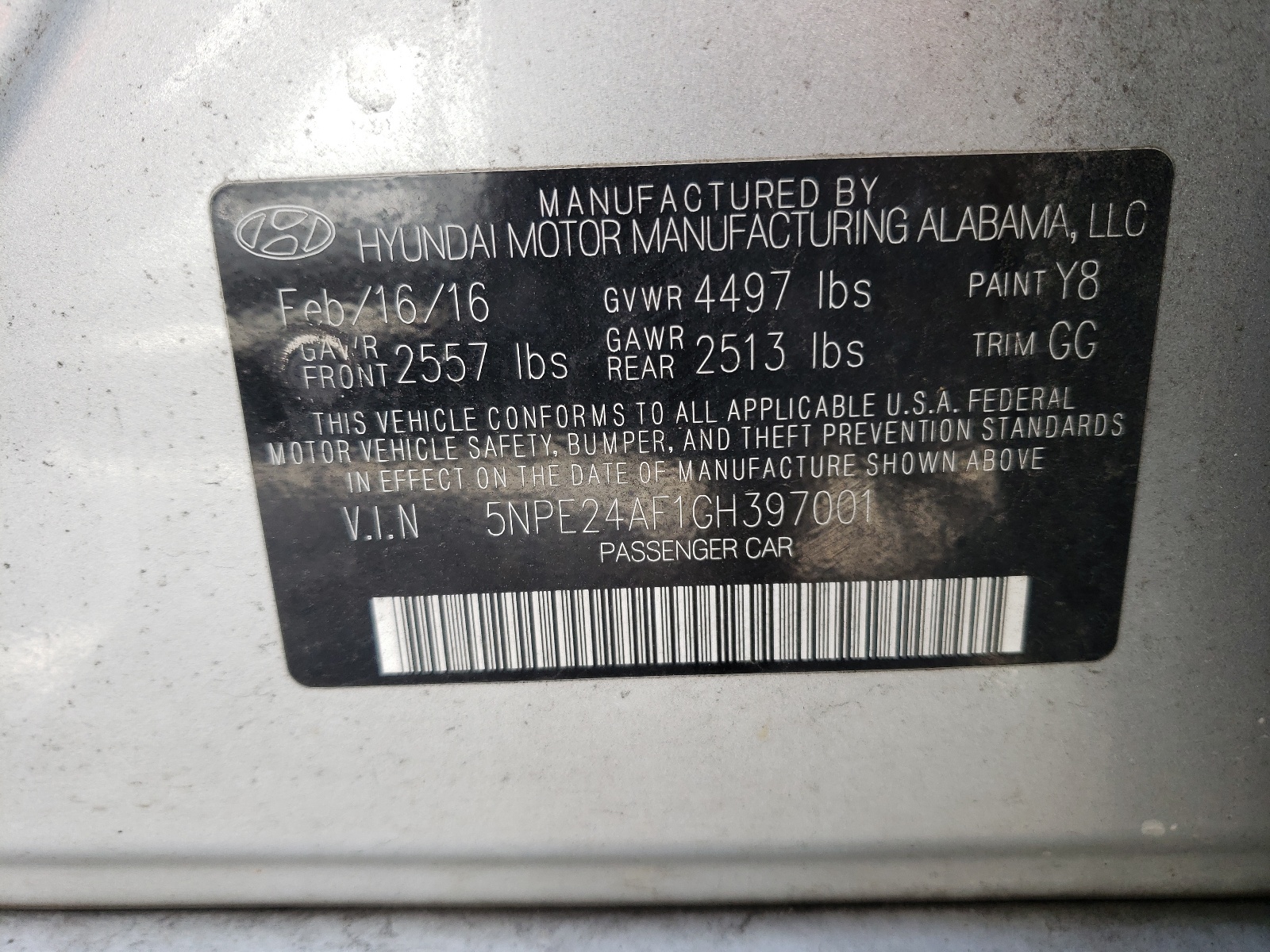 Photo 10 from auction – 2016 HYUNDAI SONATA SE with VIN 5NPE24AF1GH397001