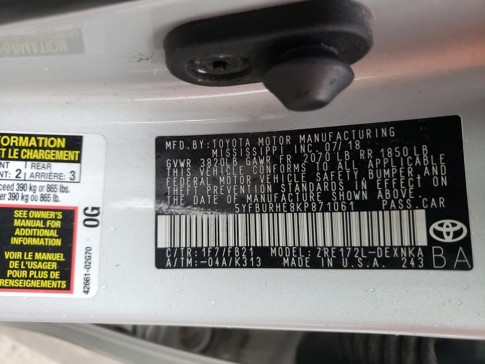 Photo 10 from auction – 2019 TOYOTA COROLLA L with VIN 5YFBURHE8KP871061