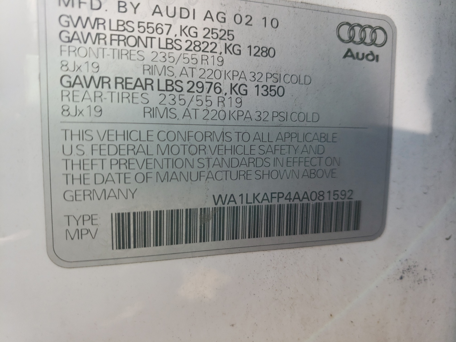 Photo 10 from auction – 2010 AUDI Q5 PREMIUM with VIN WA1LKAFP4AA081592