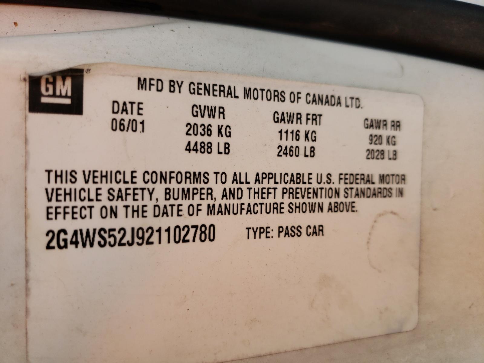 Photo 10 from auction – 2002 BUICK CENTURY CU with VIN 2G4WS52J921102780