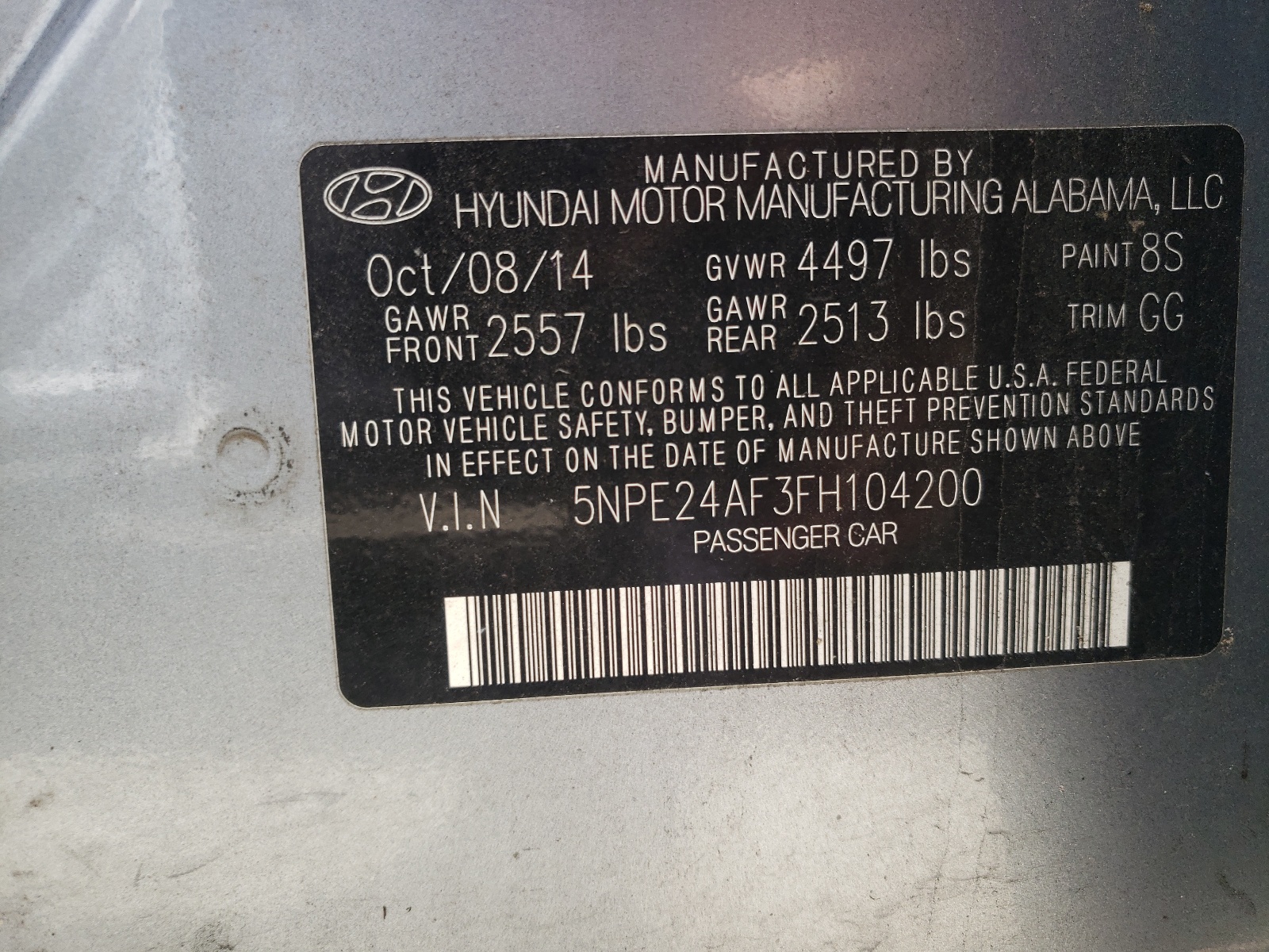 Photo 10 from auction – 2015 HYUNDAI SONATA SE with VIN 5NPE24AF3FH104200