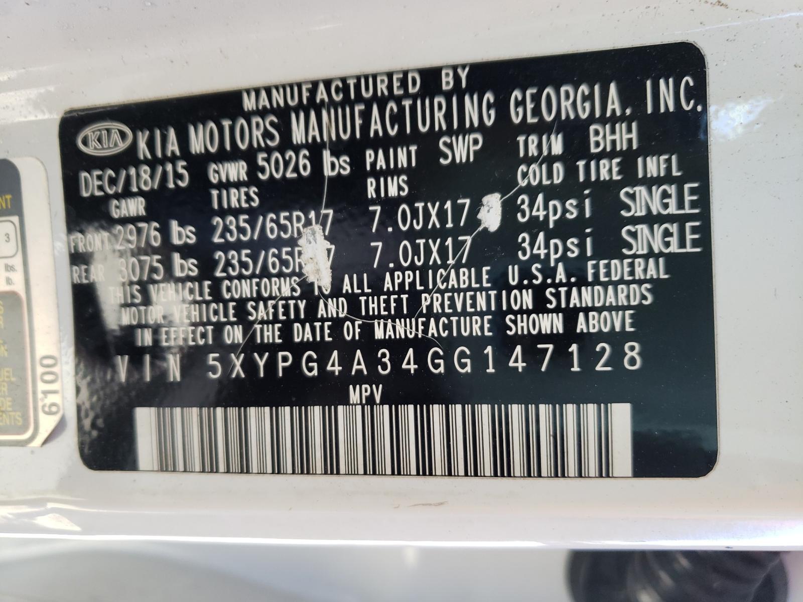 Photo 10 from auction – 2016 KIA SORENTO LX with VIN 5XYPG4A34GG147128