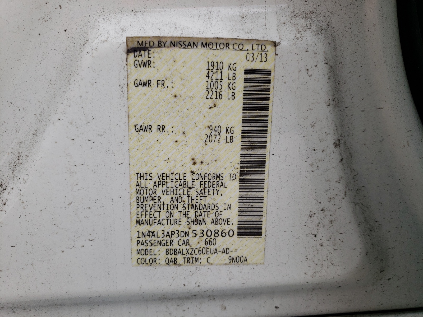 Photo 10 from auction – 2013 NISSAN ALTIMA 2.5 with VIN 1N4AL3AP3DN530860