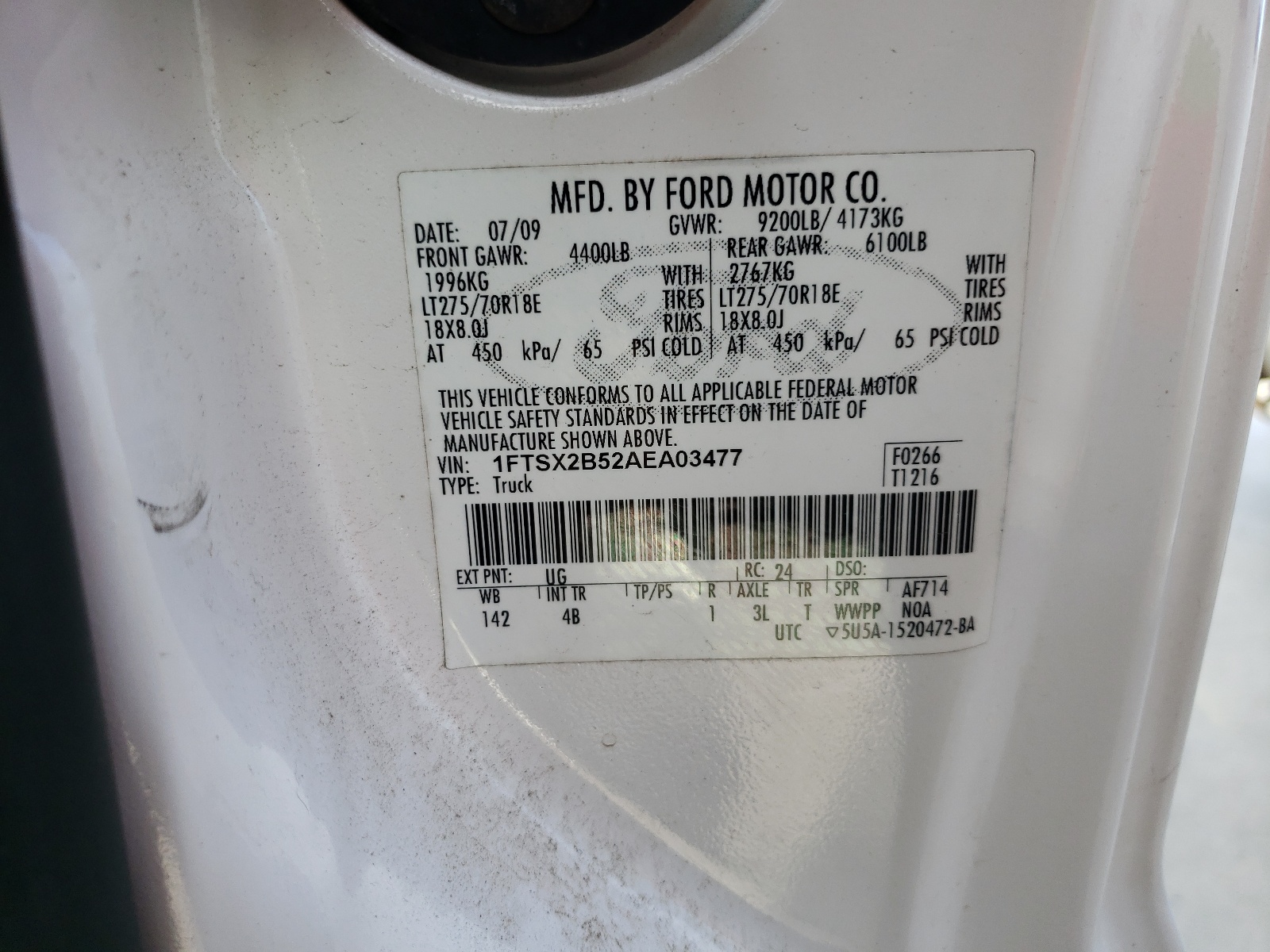 Photo 10 from auction – 2010 FORD F250 SUPER with VIN 1FTSX2B52AEA03477
