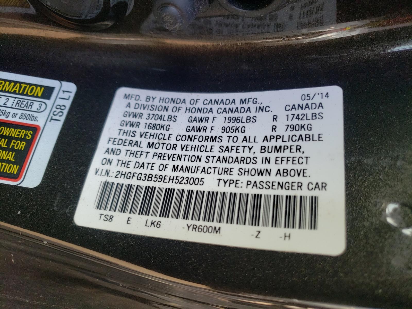 Photo 10 from auction – 2014 HONDA CIVIC LX with VIN 2HGFG3B59EH523005