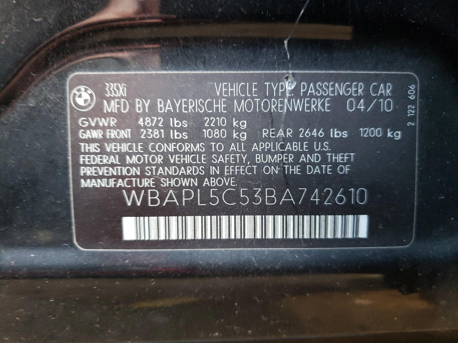 Photo 10 from auction – 2011 BMW 335 XI with VIN WBAPL5C53BA742610