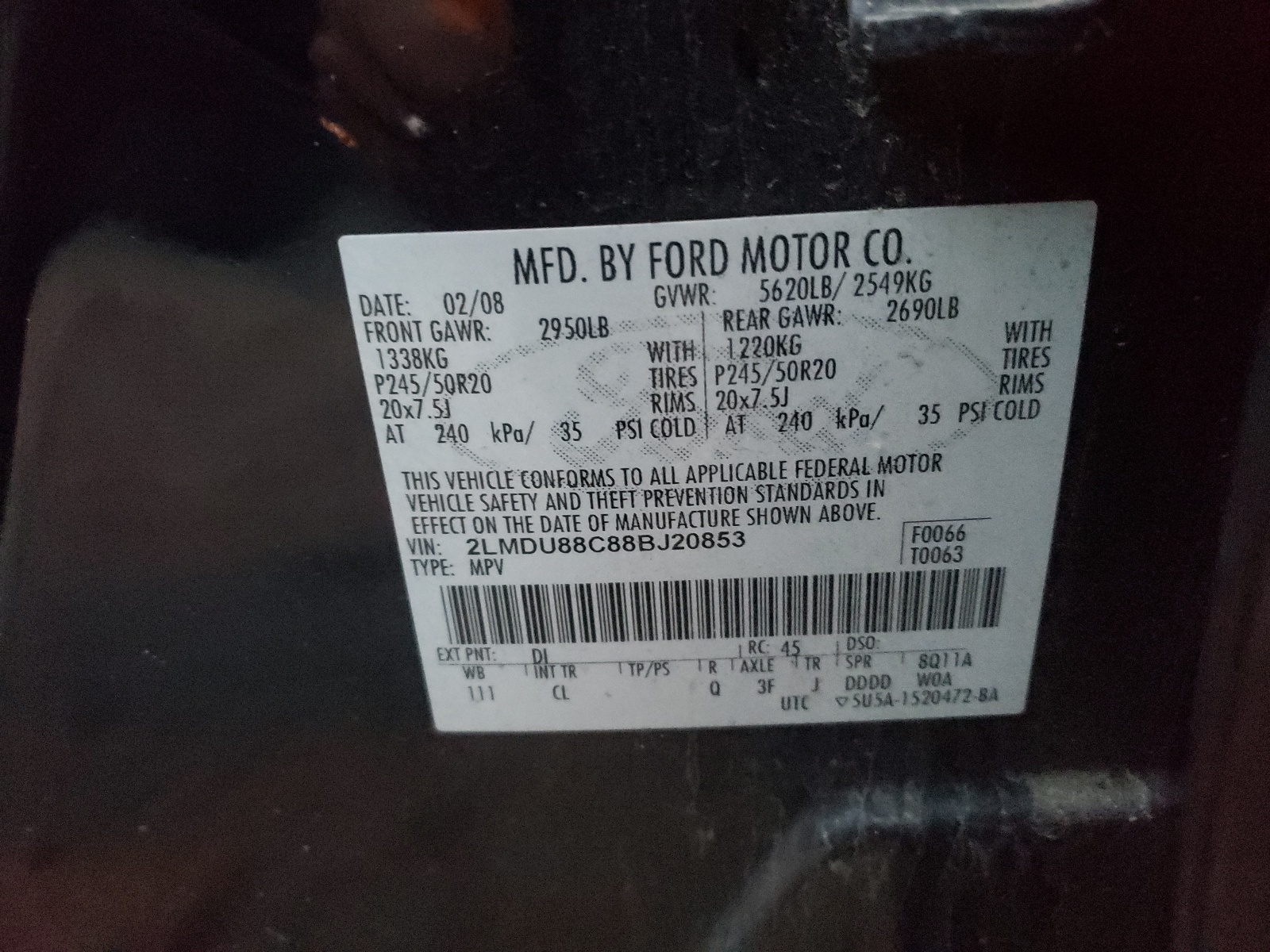 Photo 10 from auction – 2008 LINCOLN MKX with VIN 2LMDU88C88BJ20853