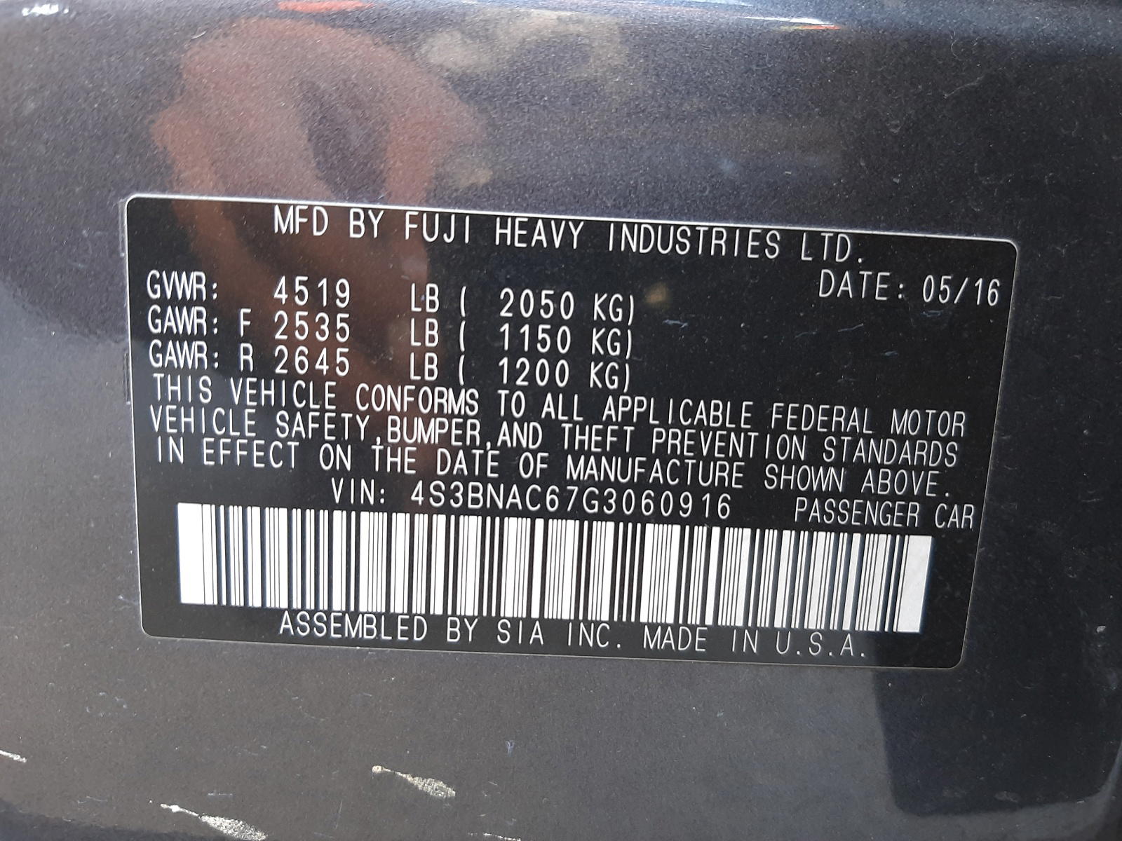 Photo 10 from auction – 2016 SUBARU LEGACY 2.5 with VIN 4S3BNAC67G3060916