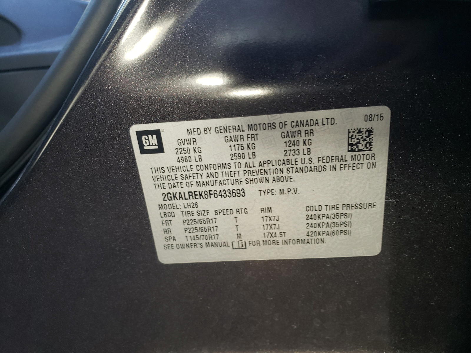 Photo 10 from auction – 2015 GMC TERRAIN SL with VIN 2GKALREK8F6433693