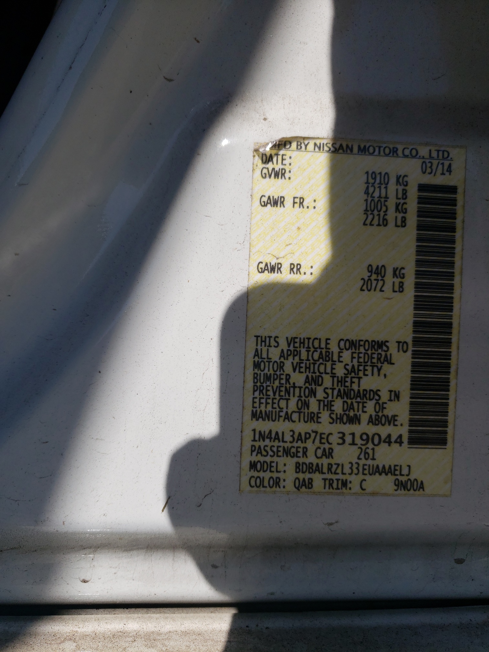 Photo 10 from auction – 2014 NISSAN ALTIMA 2.5 with VIN 1N4AL3AP7EC319044