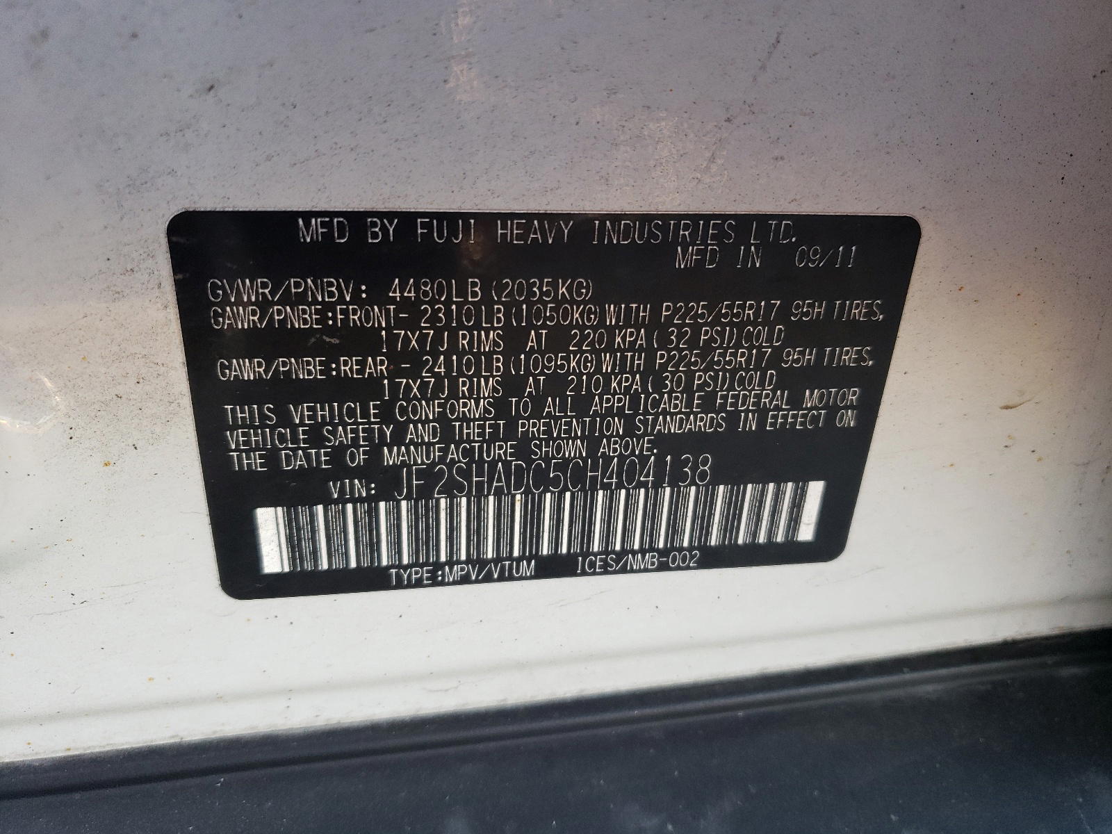 Photo 10 from auction – 2012 SUBARU FORESTER with VIN JF2SHADC5CH404138