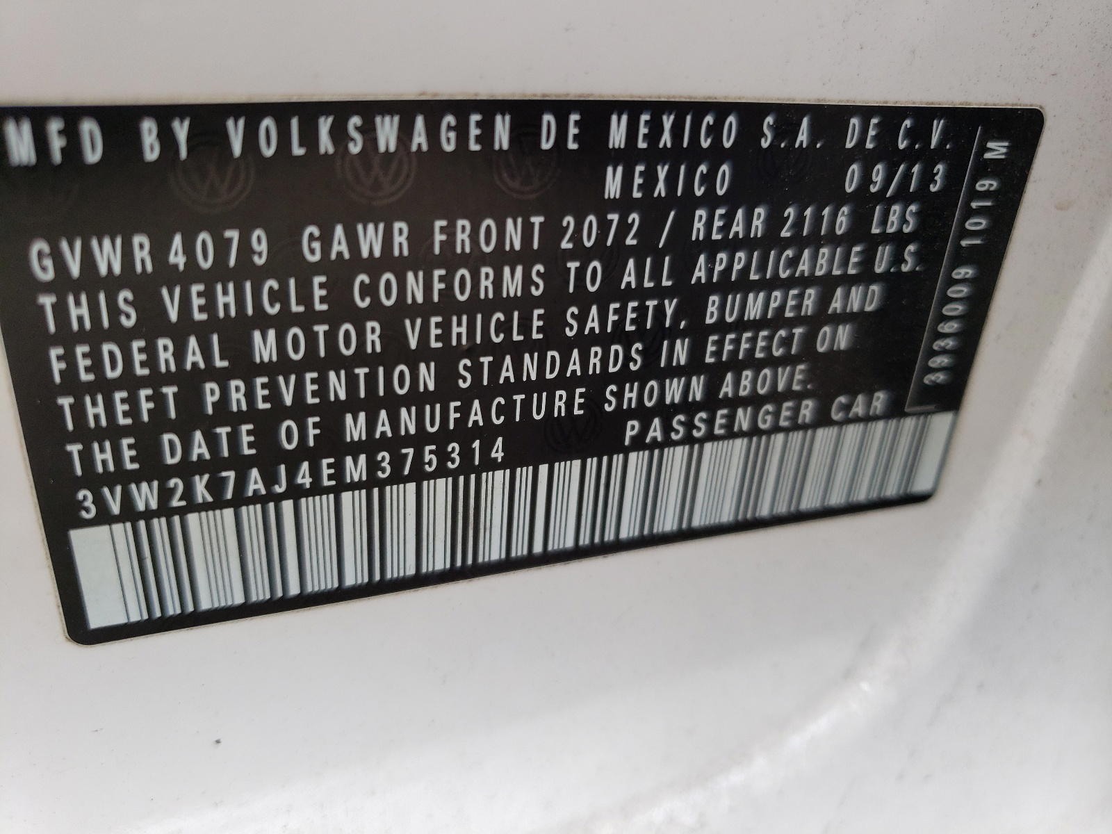 Photo 10 from auction – 2014 VOLKSWAGEN JETTA BASE with VIN 3VW2K7AJ4EM375314