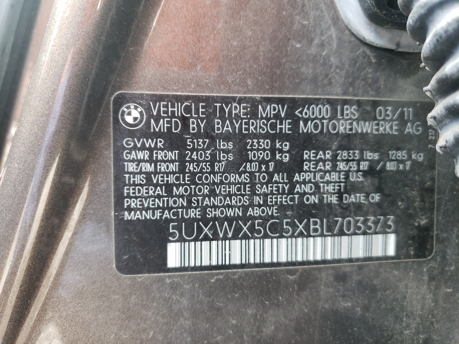 Photo 10 from auction – 2011 BMW X3 XDRIVE2 with VIN 5UXWX5C5XBL703373