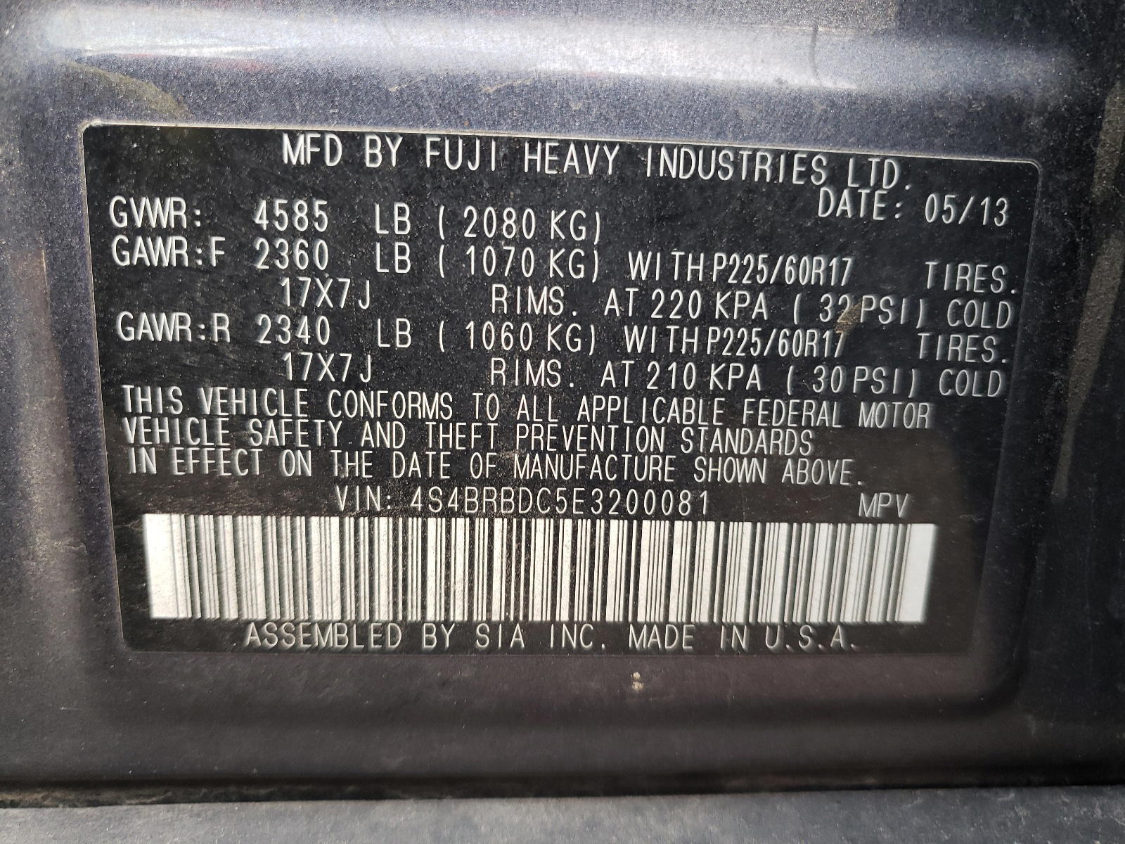 Photo 10 from auction – 2014 SUBARU OUTBACK 2. with VIN 4S4BRBDC5E3200081