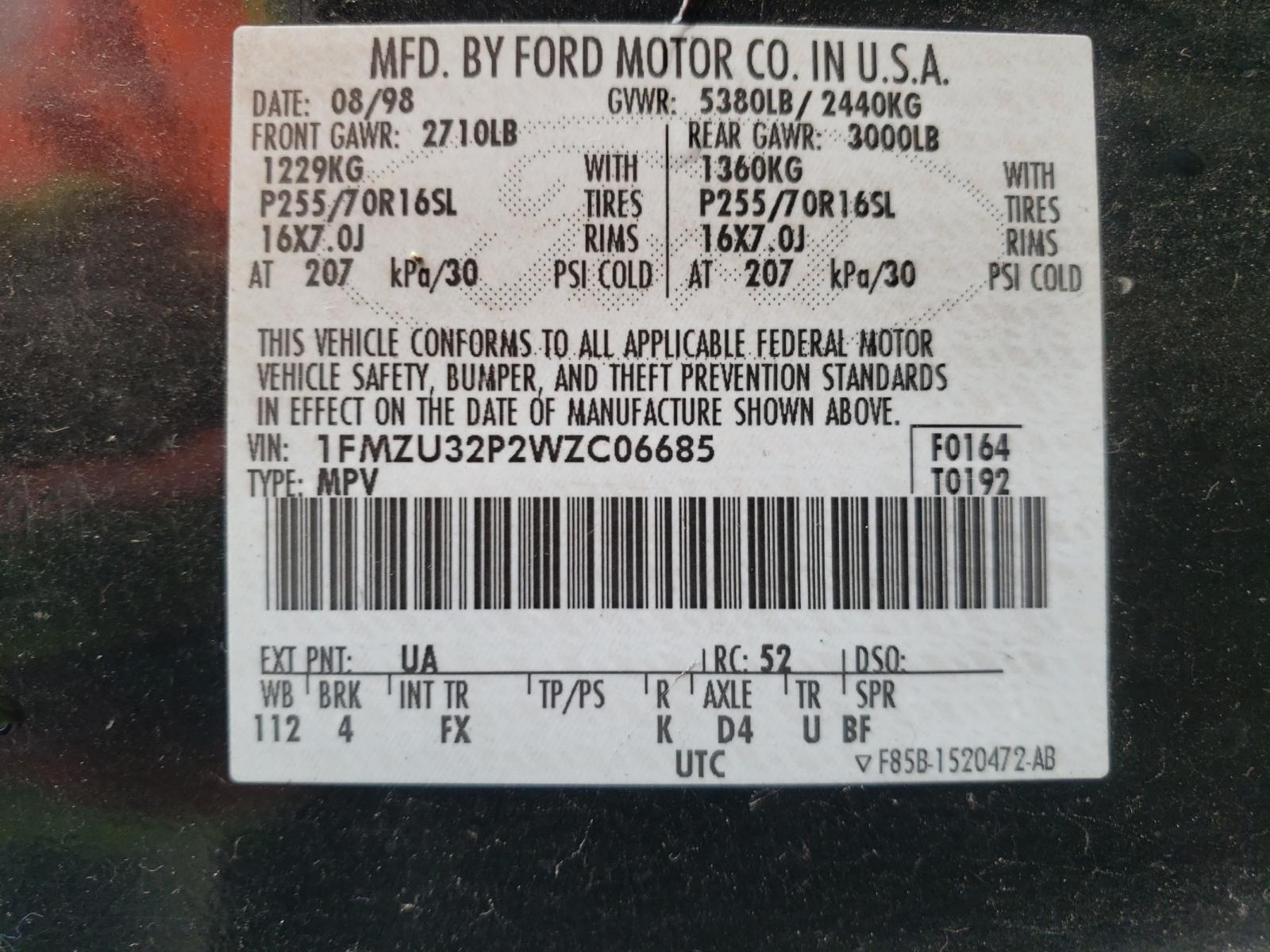 Photo 10 from auction – 1998 FORD EXPLORER with VIN 1FMZU32P2WZC06685