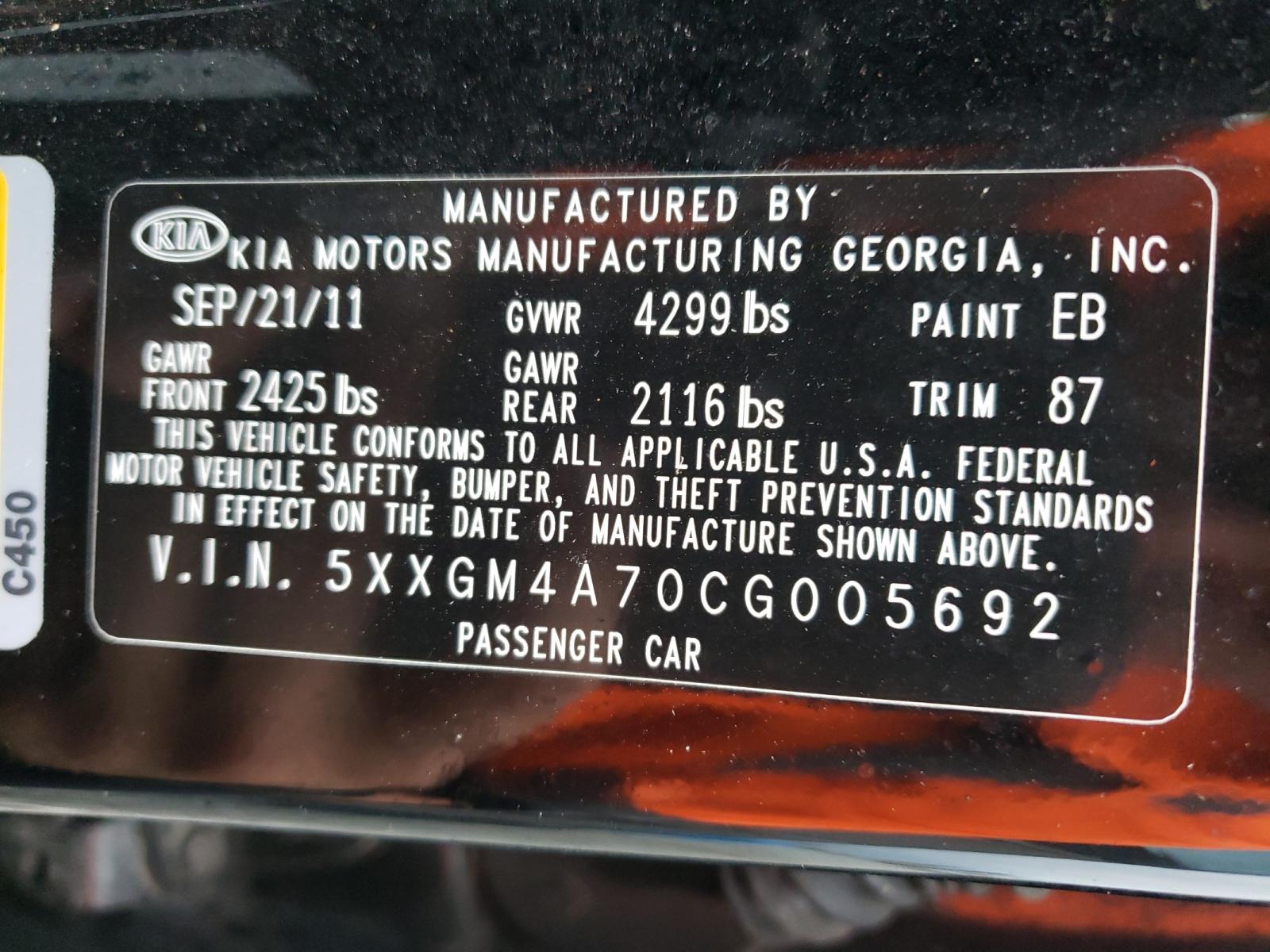 Zdjęcie 10 z aukcji – 2012 KIA OPTIMA LX z VIN 5XXGM4A70CG005692
