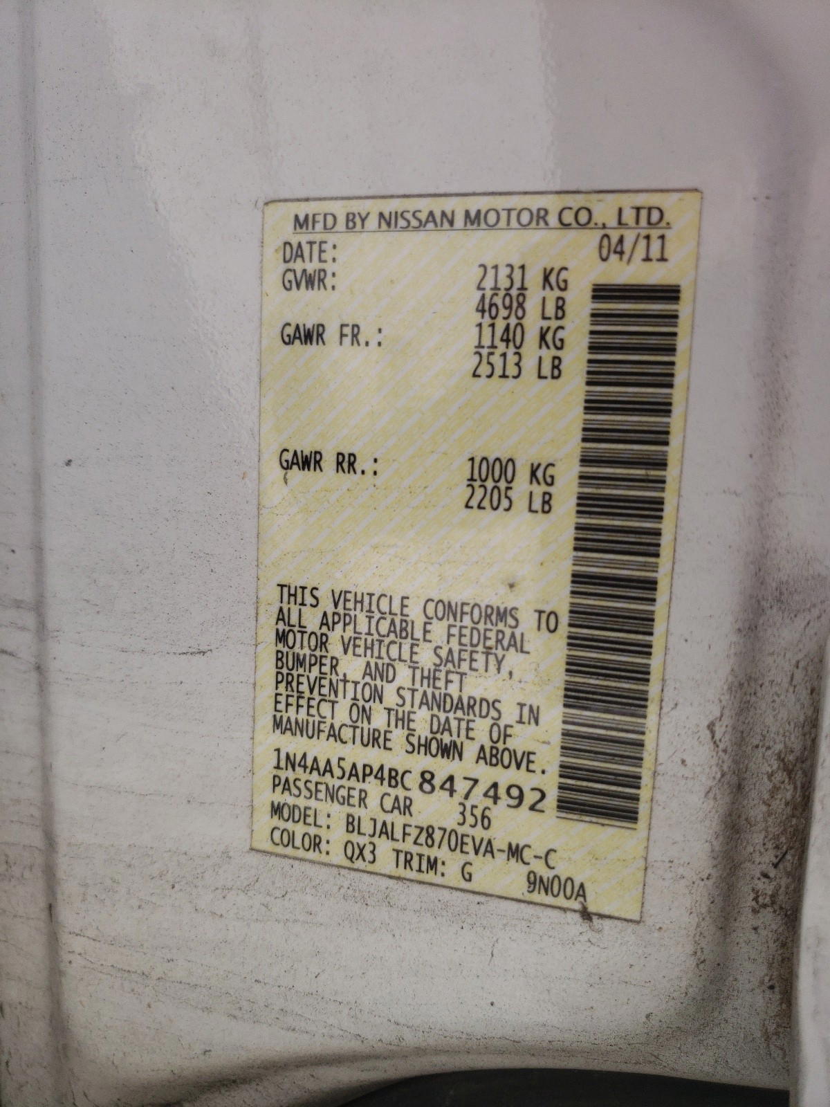 Photo 10 from auction – 2011 NISSAN MAXIMA S with VIN 1N4AA5AP4BC847492