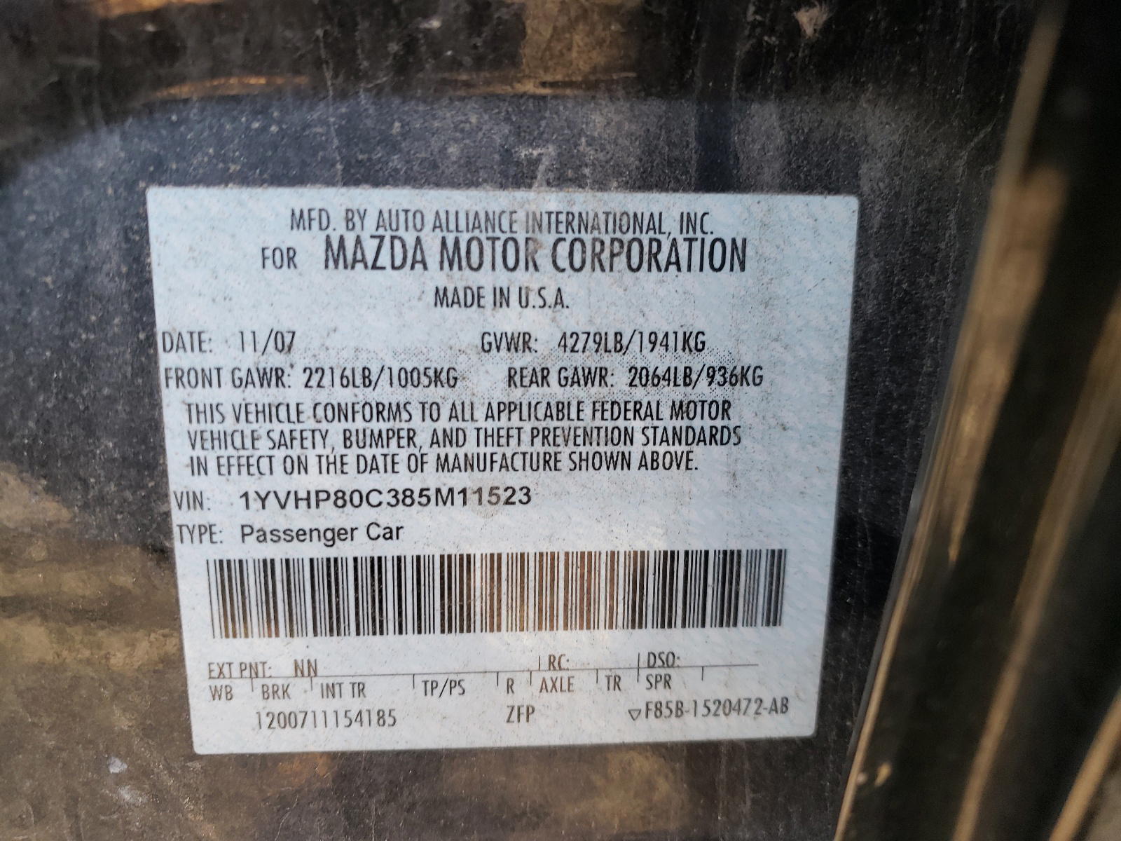 Photo 10 from auction – 2008 MAZDA 6 I with VIN 1YVHP80C385M11523