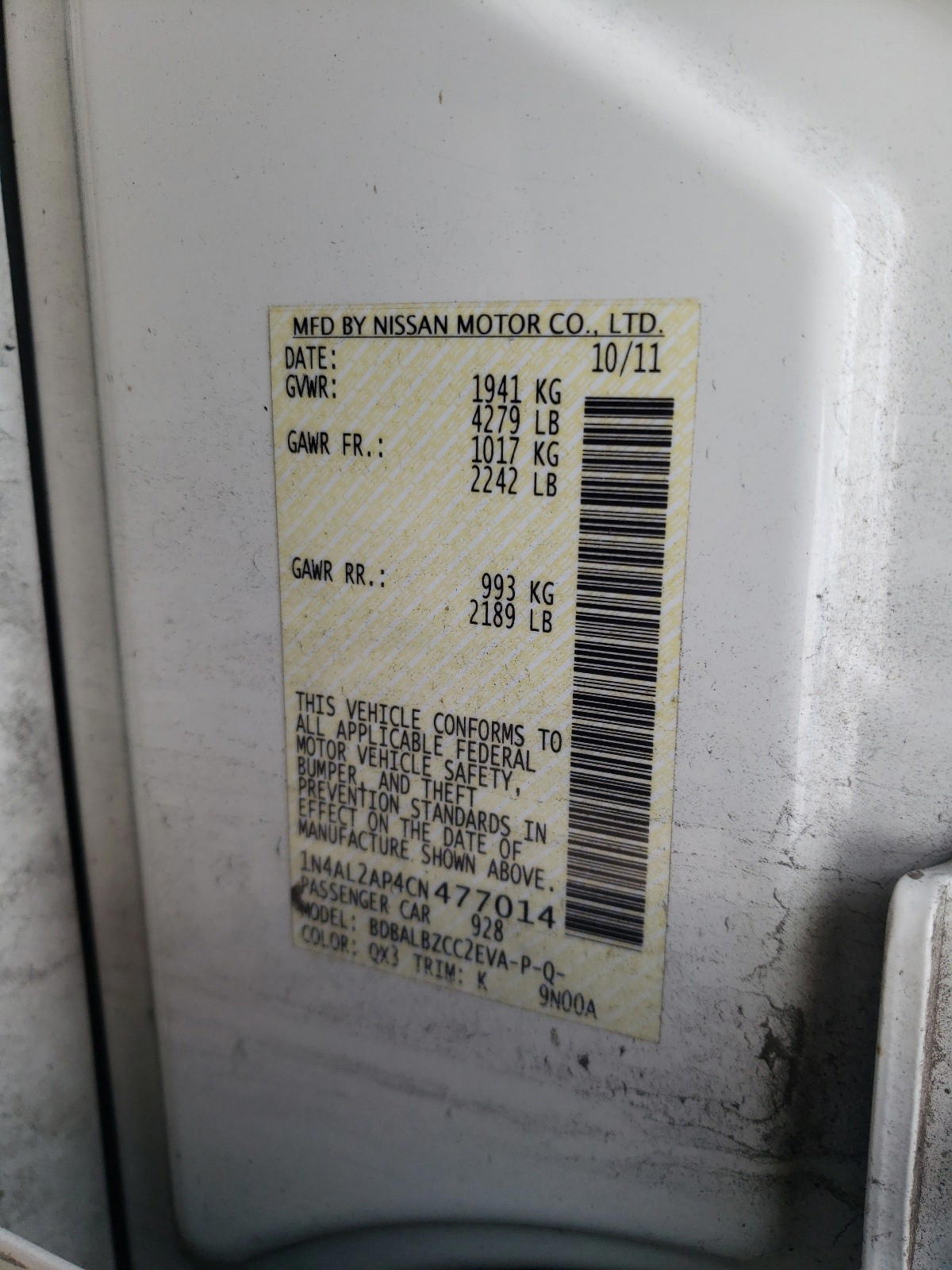 Photo 10 from auction – 2012 NISSAN ALTIMA BAS with VIN 1N4AL2AP4CN477014