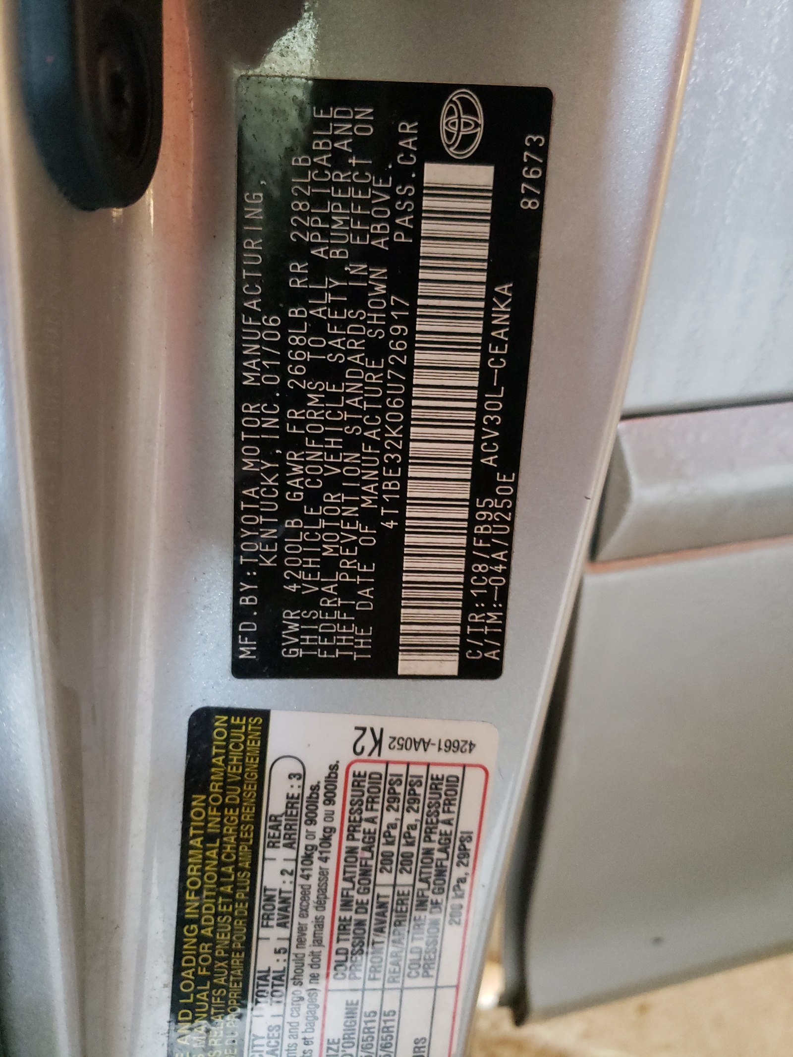 Photo 10 from auction – 2006 TOYOTA CAMRY LE with VIN 4T1BE32K06U726917