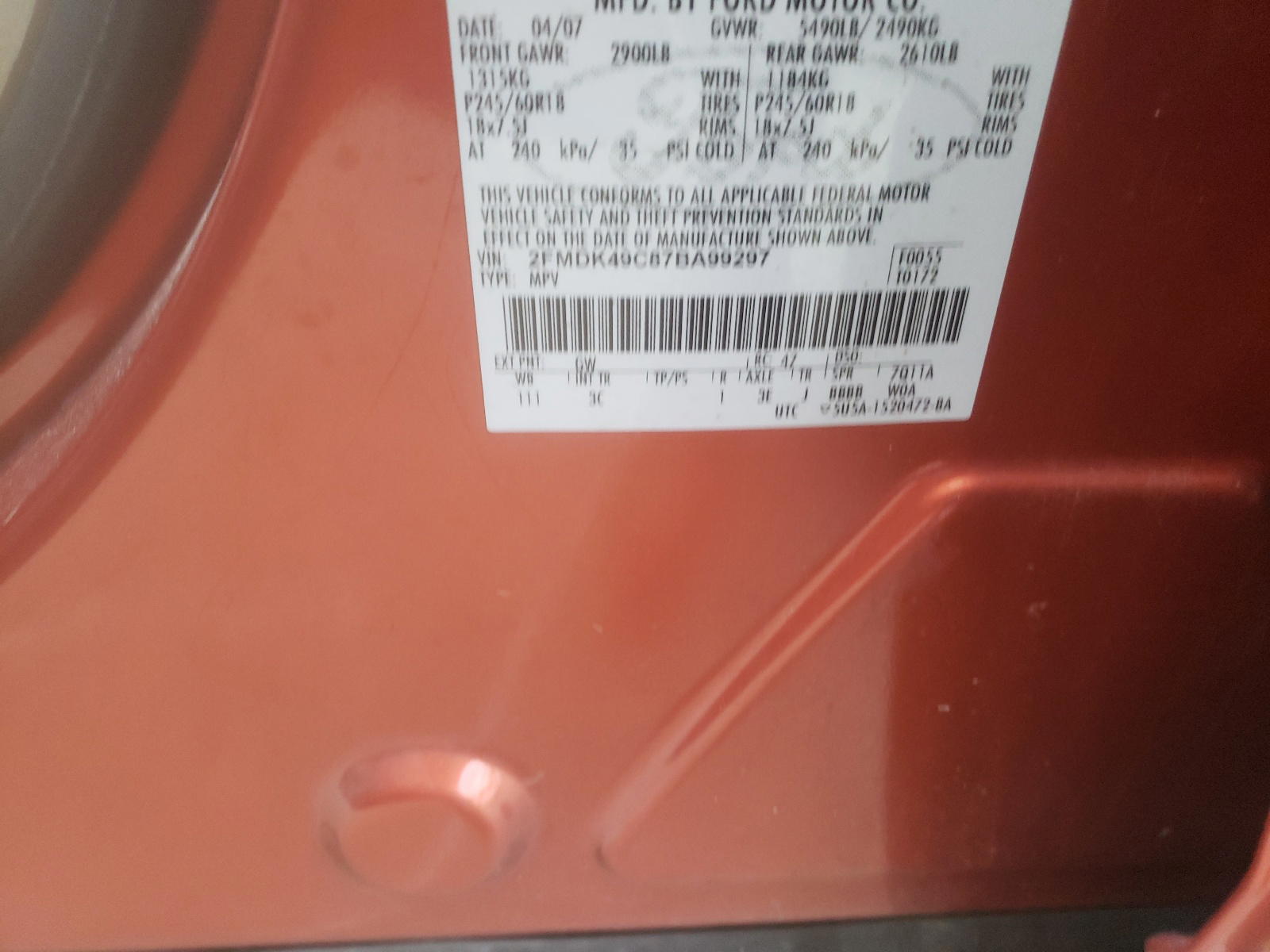 Photo 10 from auction – 2007 FORD EDGE SEL P with VIN 2FMDK49C87BA99297